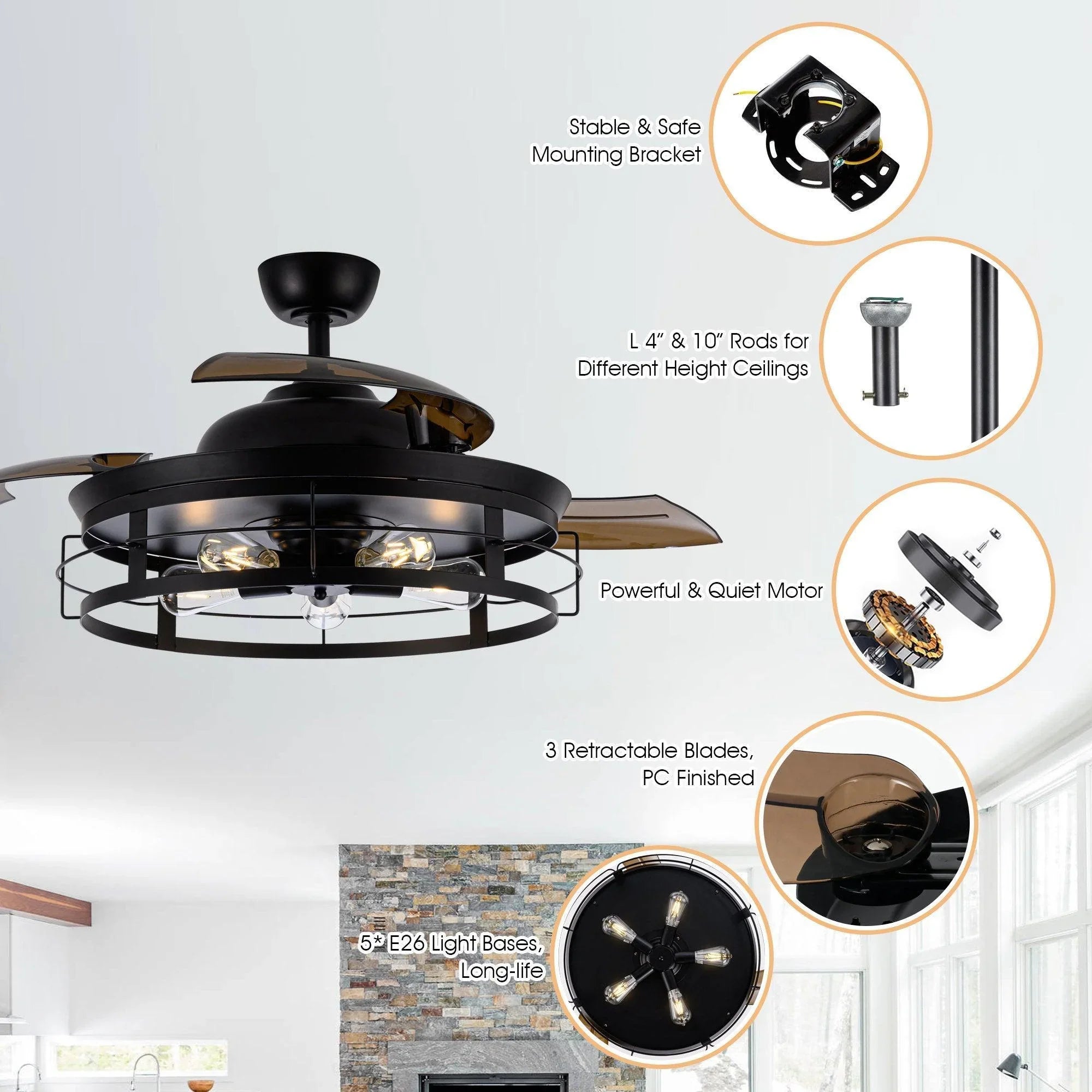 Black industrial ceiling fan with light kit and blade set shown with feature callouts