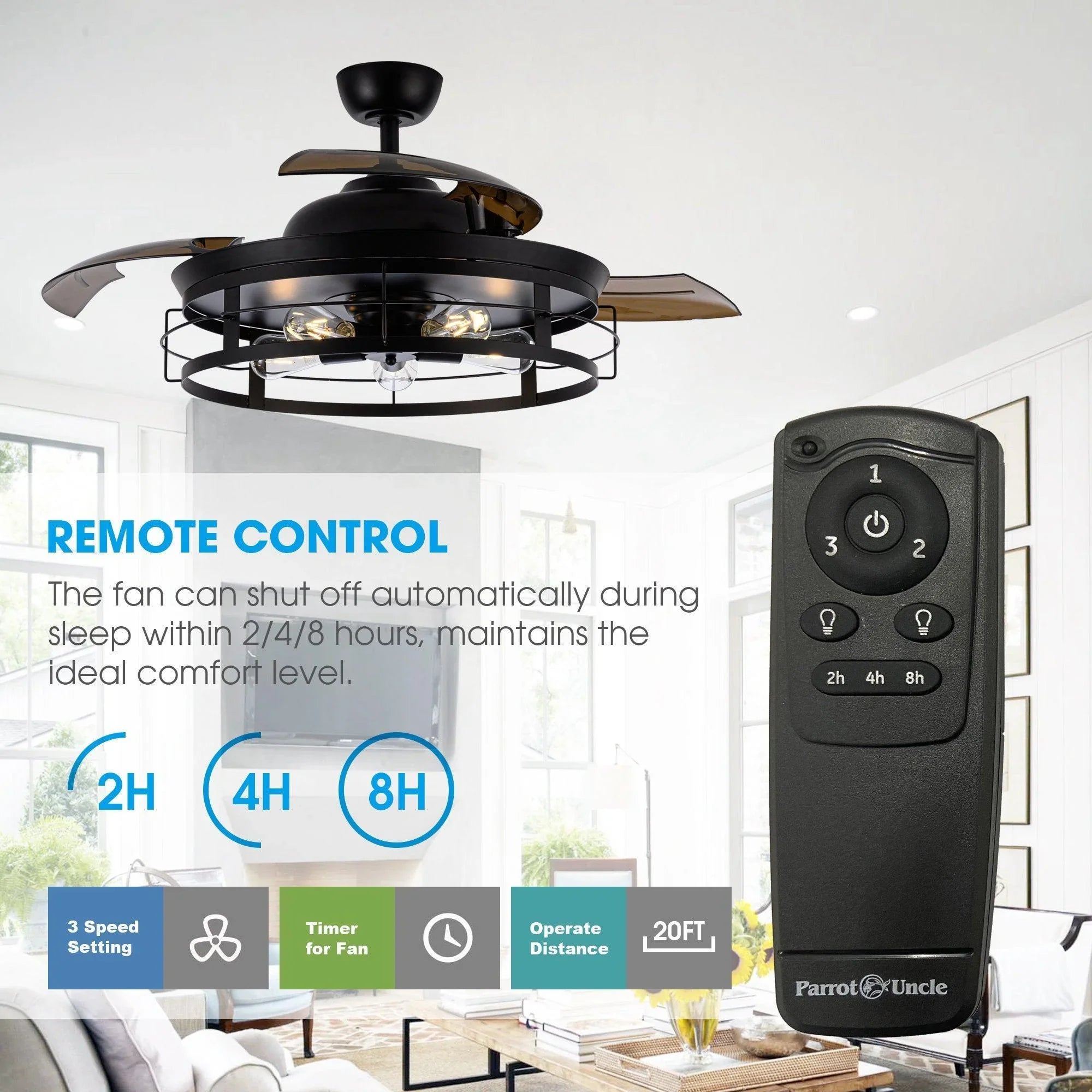 Black ceiling fan with light kit and included remote control for operation