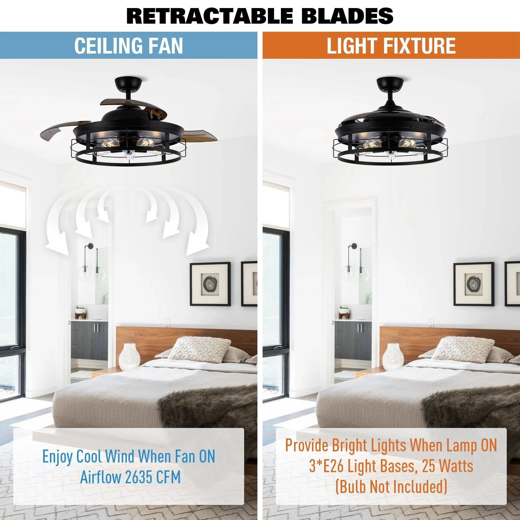 Black retractable-blade industrial ceiling fan with enclosed light fixture