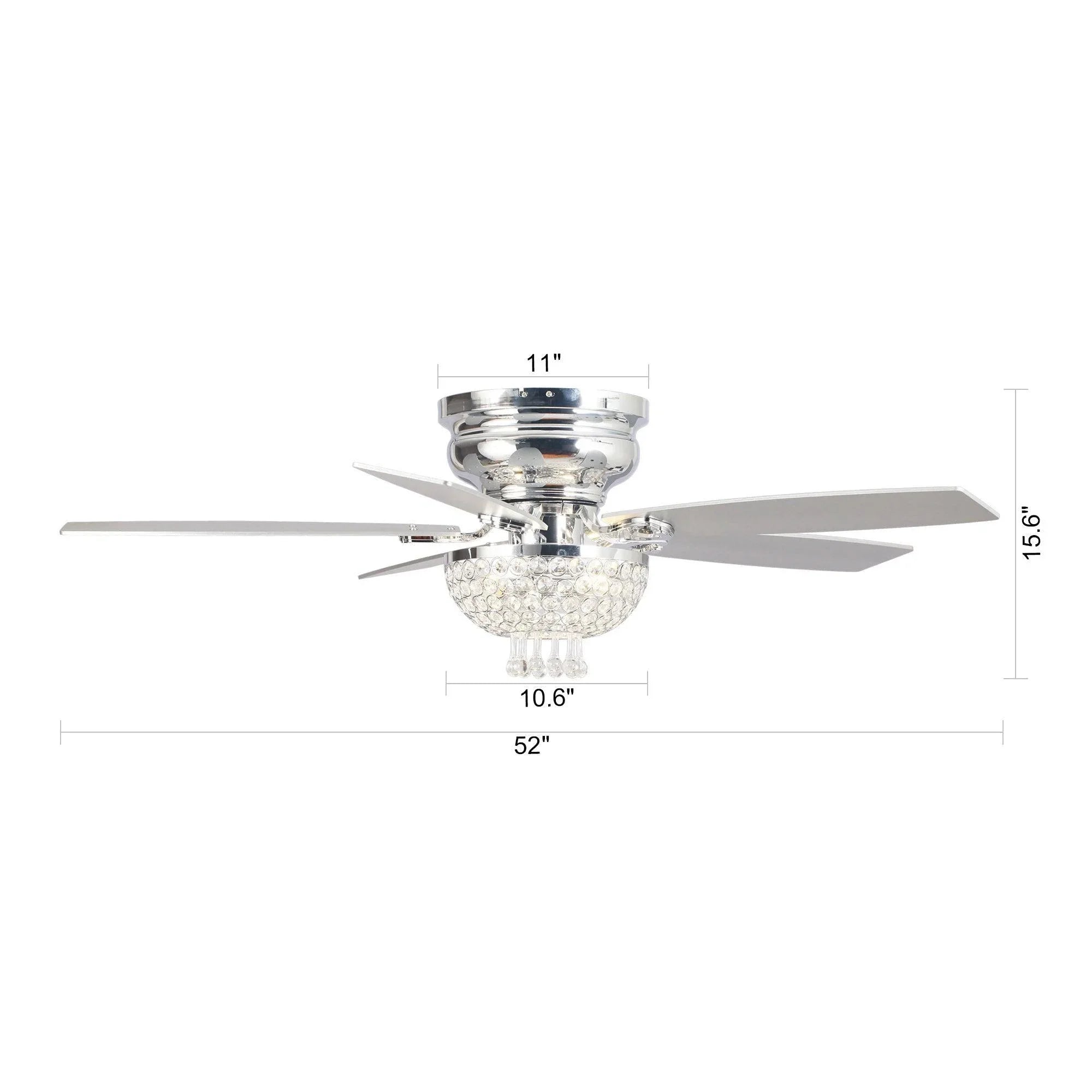 Chrome 52-inch flush mount ceiling fan with crystal light and four blades