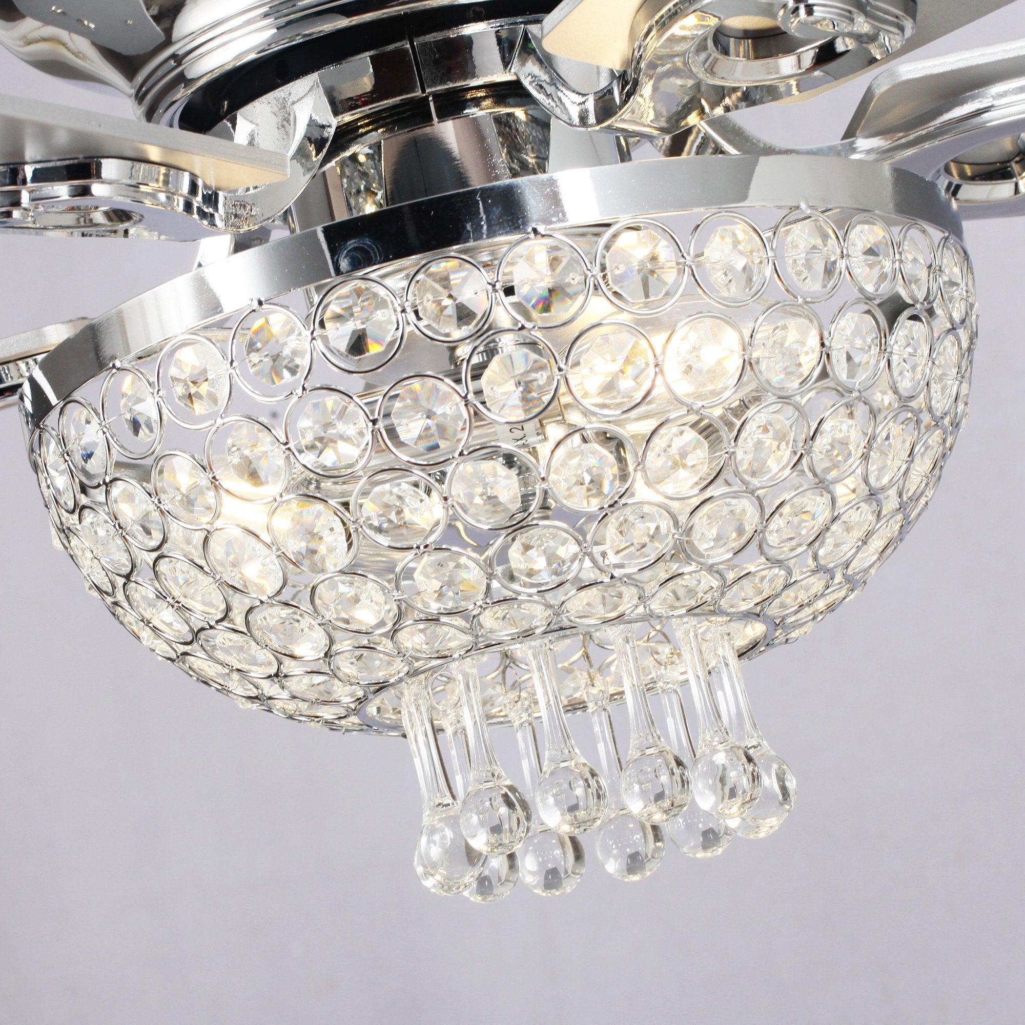 Crystal ceiling fan light cluster with chrome band and hanging clear crystal drops
