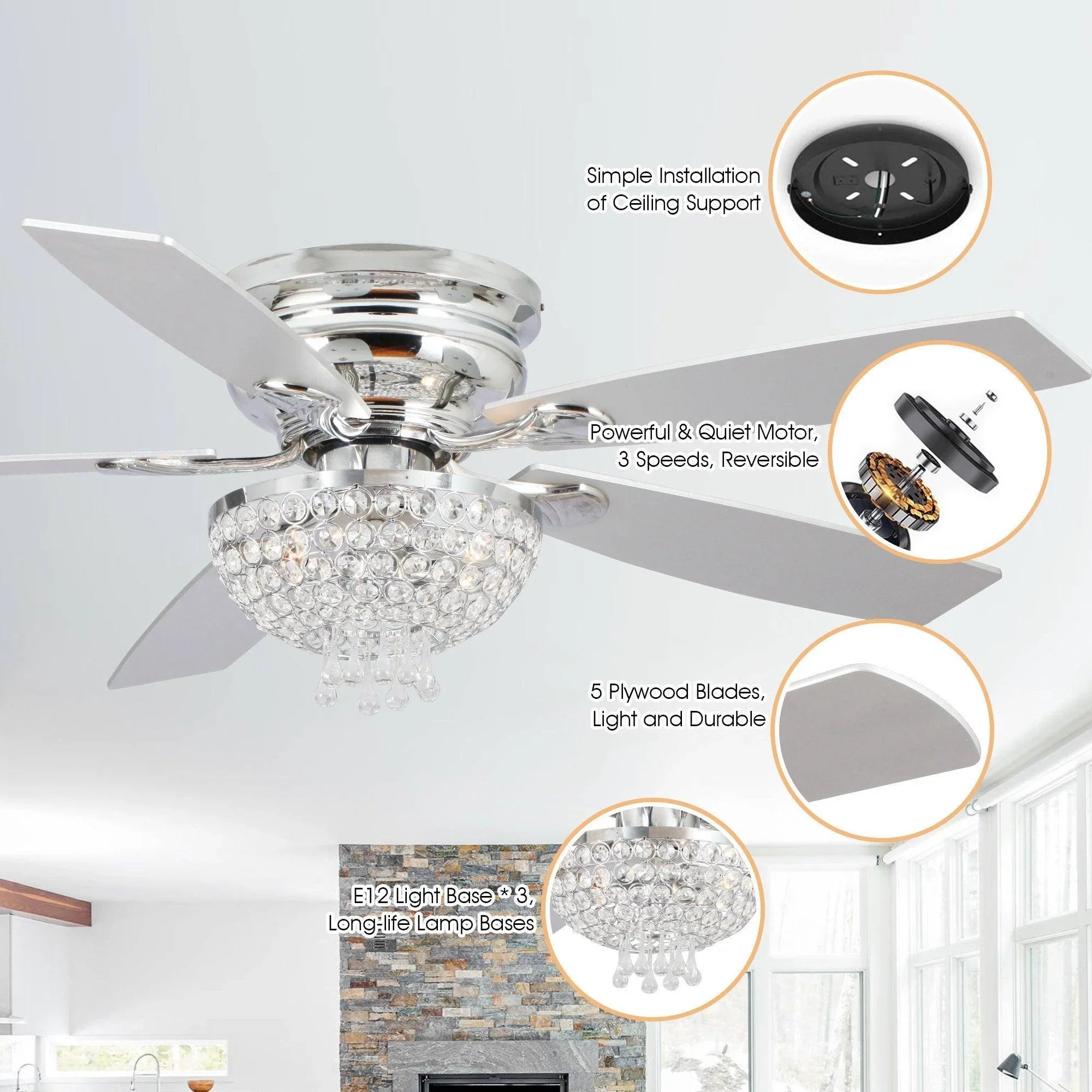 Chrome ceiling fan with crystal glass lamp shade and five reversible-style blades