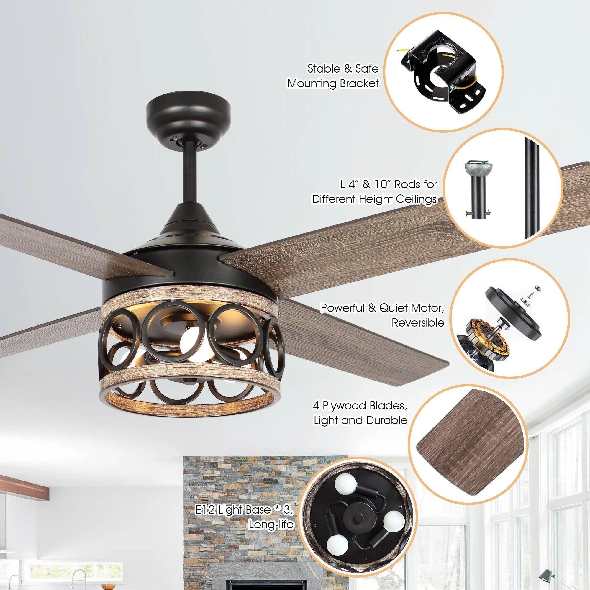 Black ceiling fan with four wood blades and lantern light fixture.