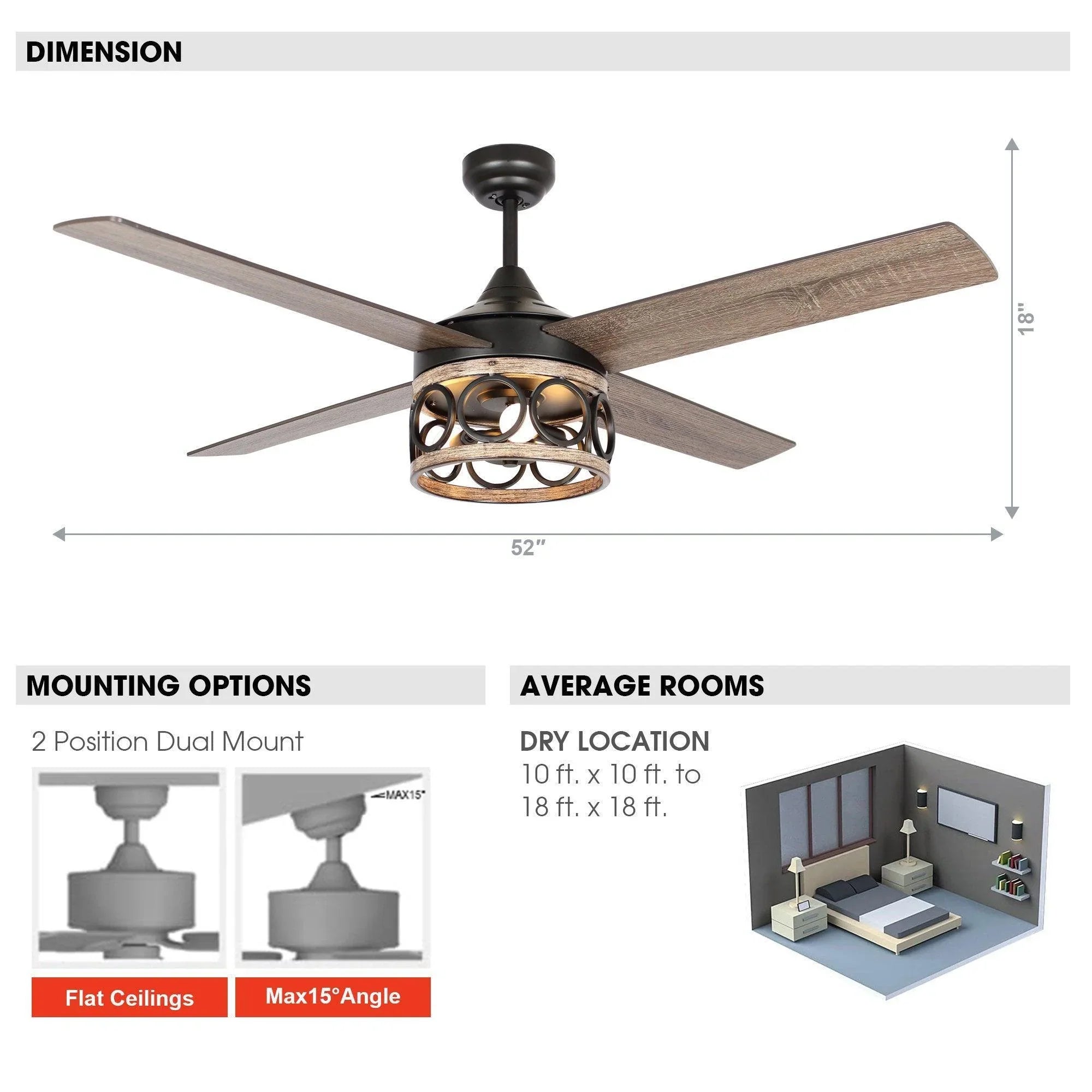 Ceiling fan dimension diagram with four wood blades and lantern-style light.