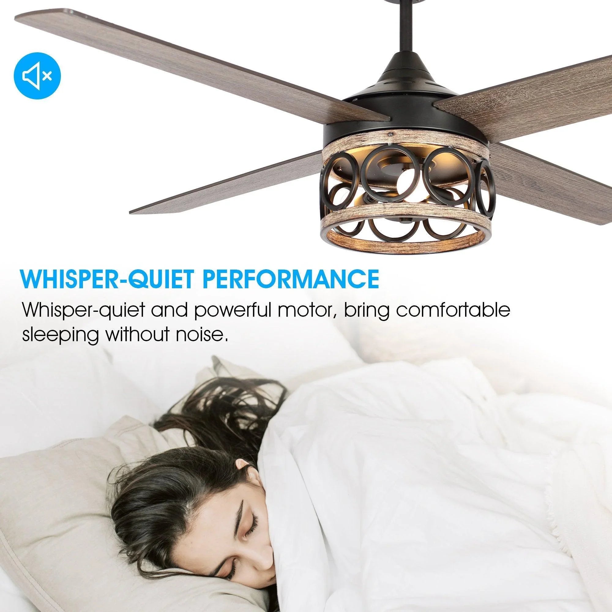 Black ceiling fan with wood blades and lantern light fixture.