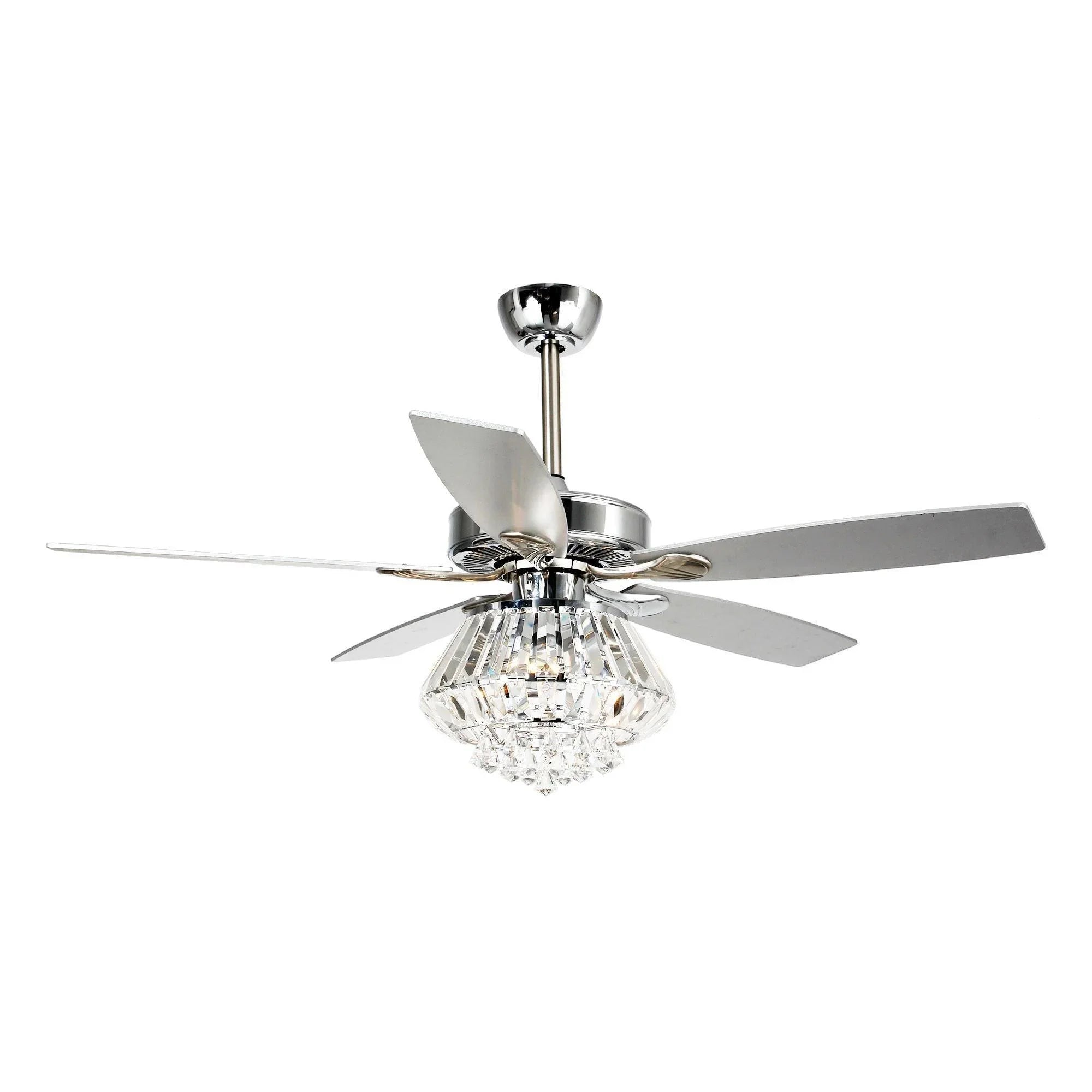 Chrome ceiling fan with crystal light shade and four reversible blades