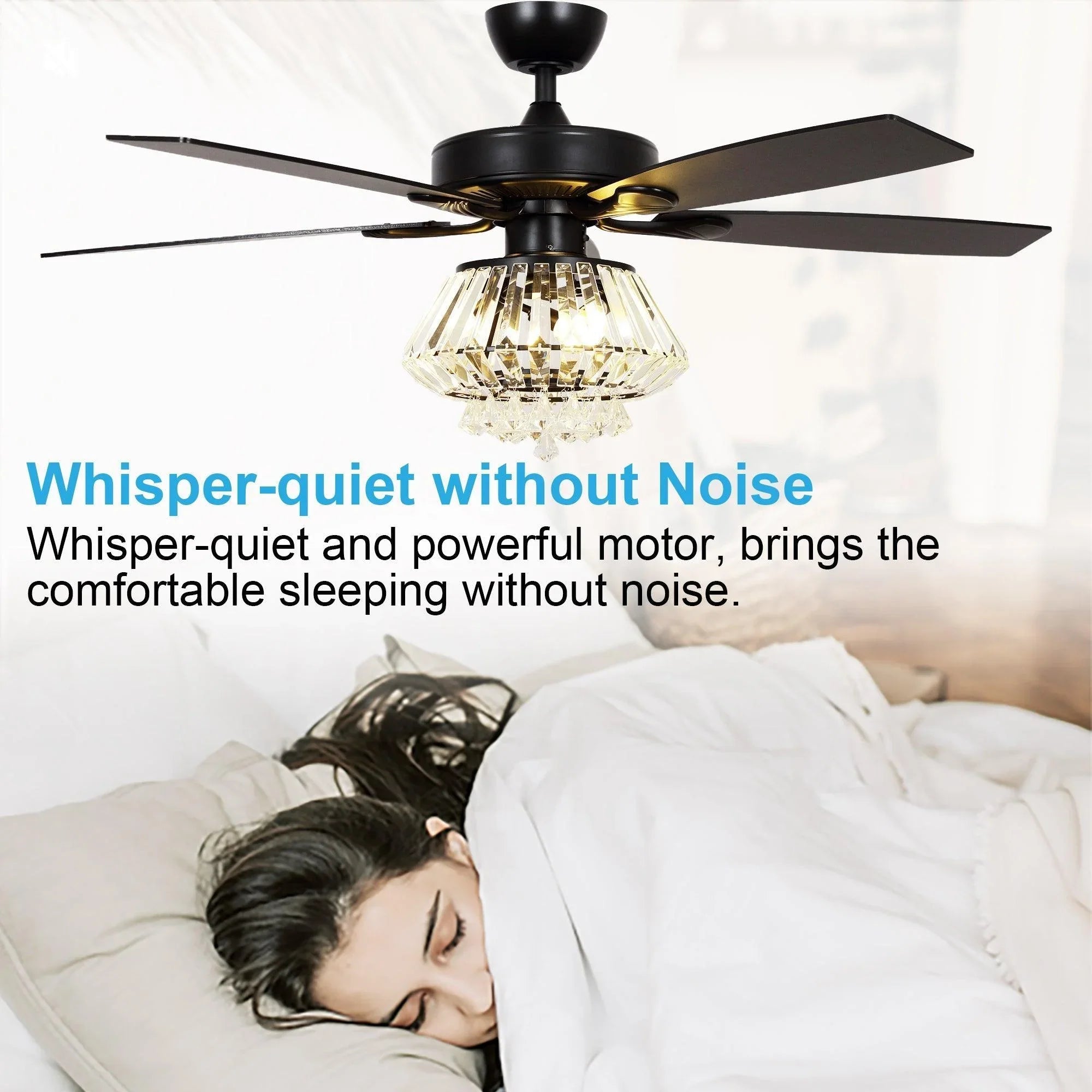 Black ceiling fan with crystal light beside a person in a bedroom setting