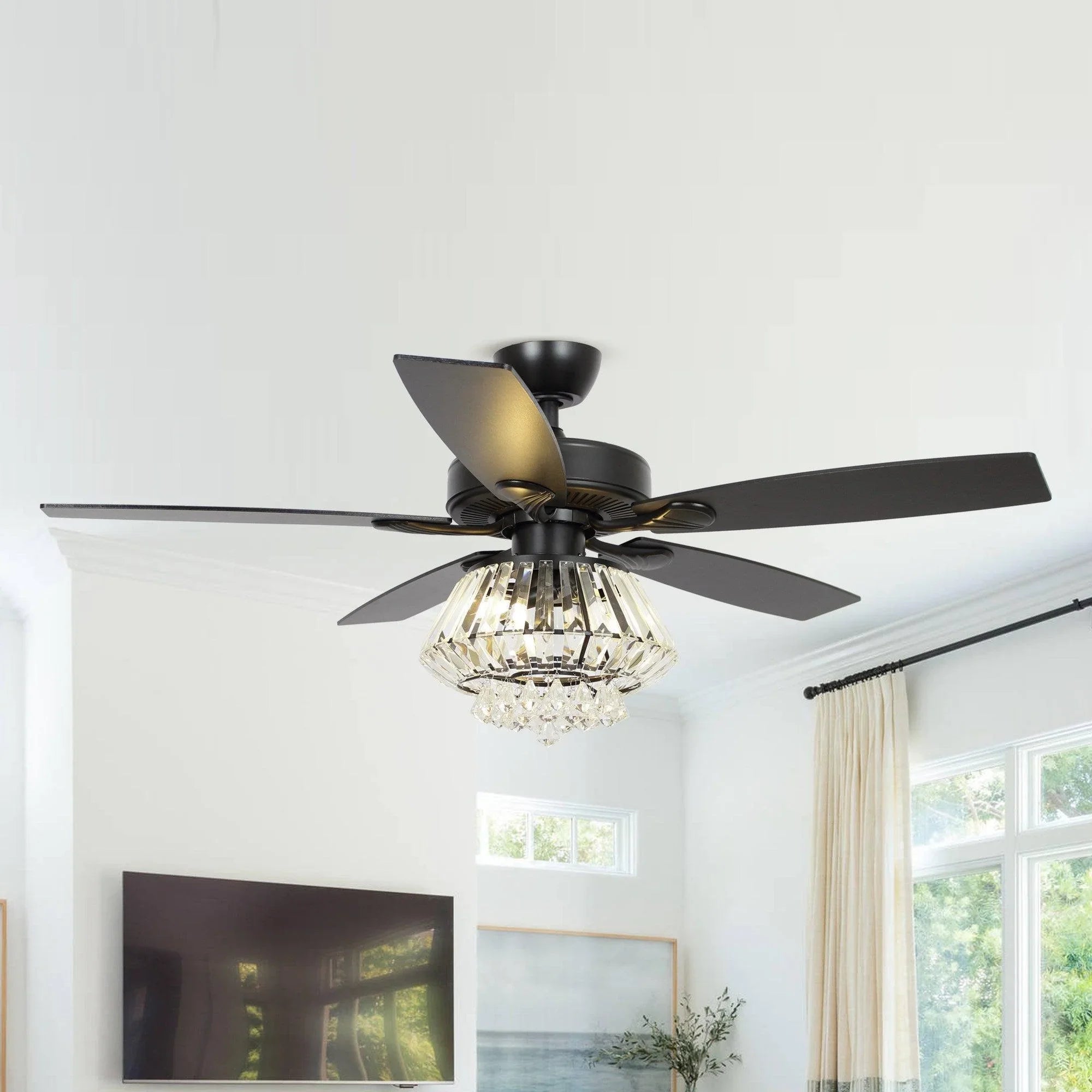 Black ceiling fan with crystal light and four reversible blades overhead