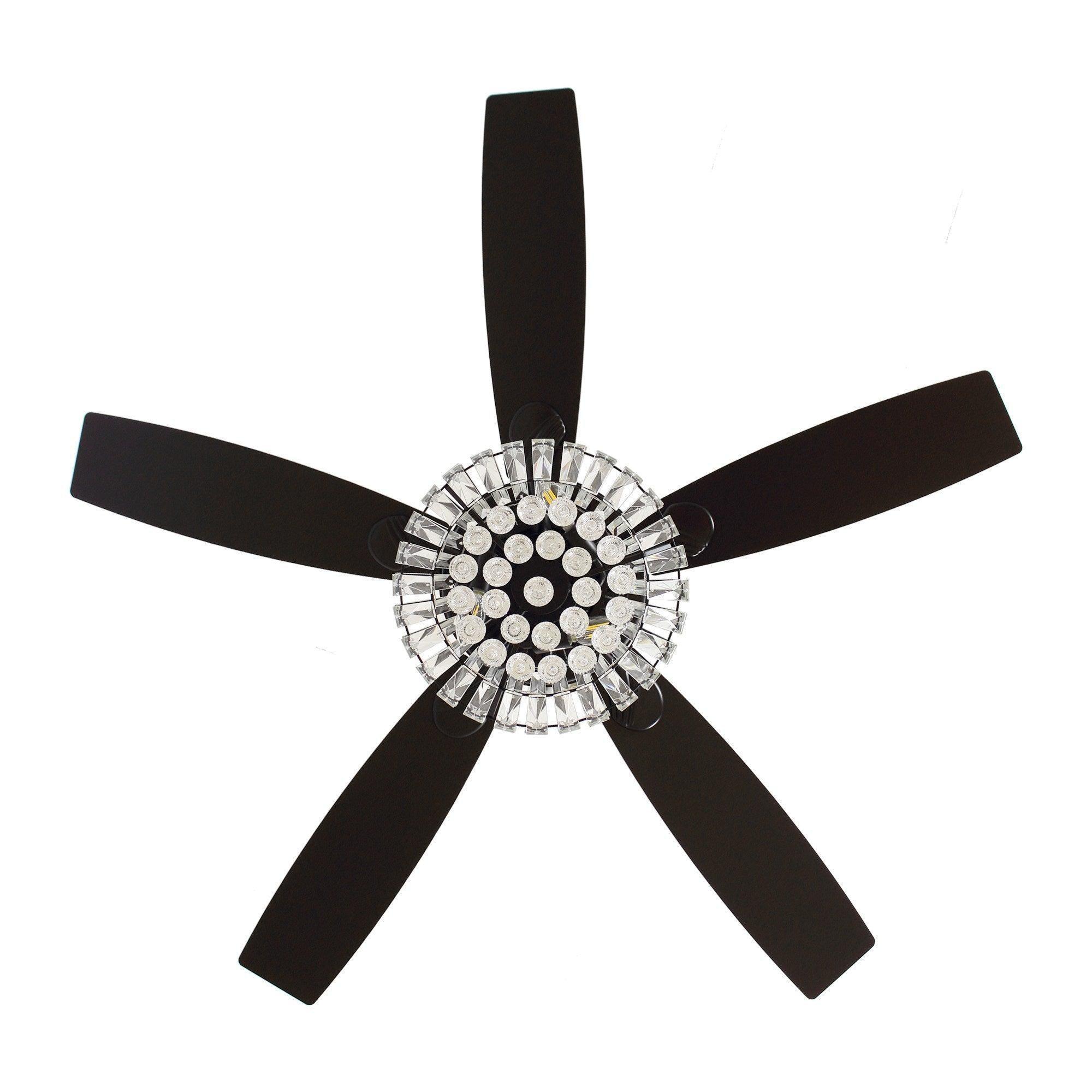 Black ceiling fan with crystal center light and five blade design