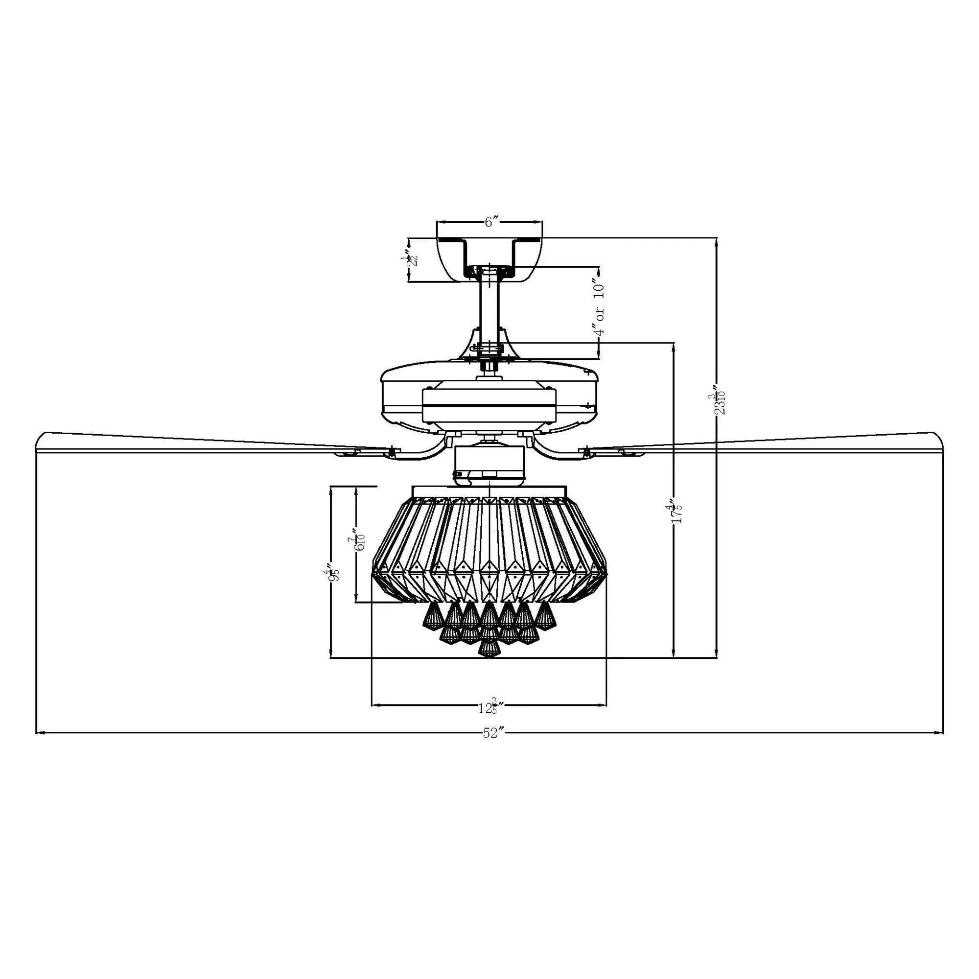 Ceiling fan ceiling-mount height diagram with crystal light and blades
