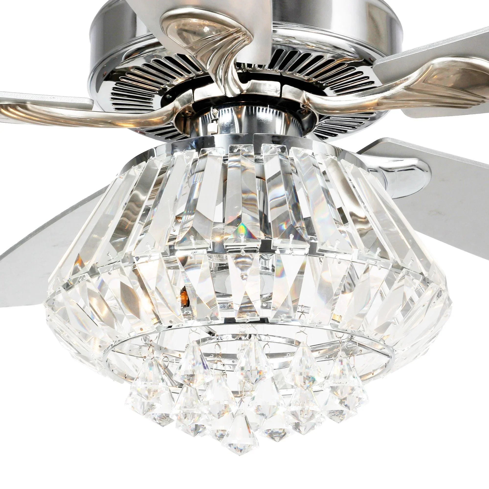Crystal ceiling fan light with chrome blades and metal canopy