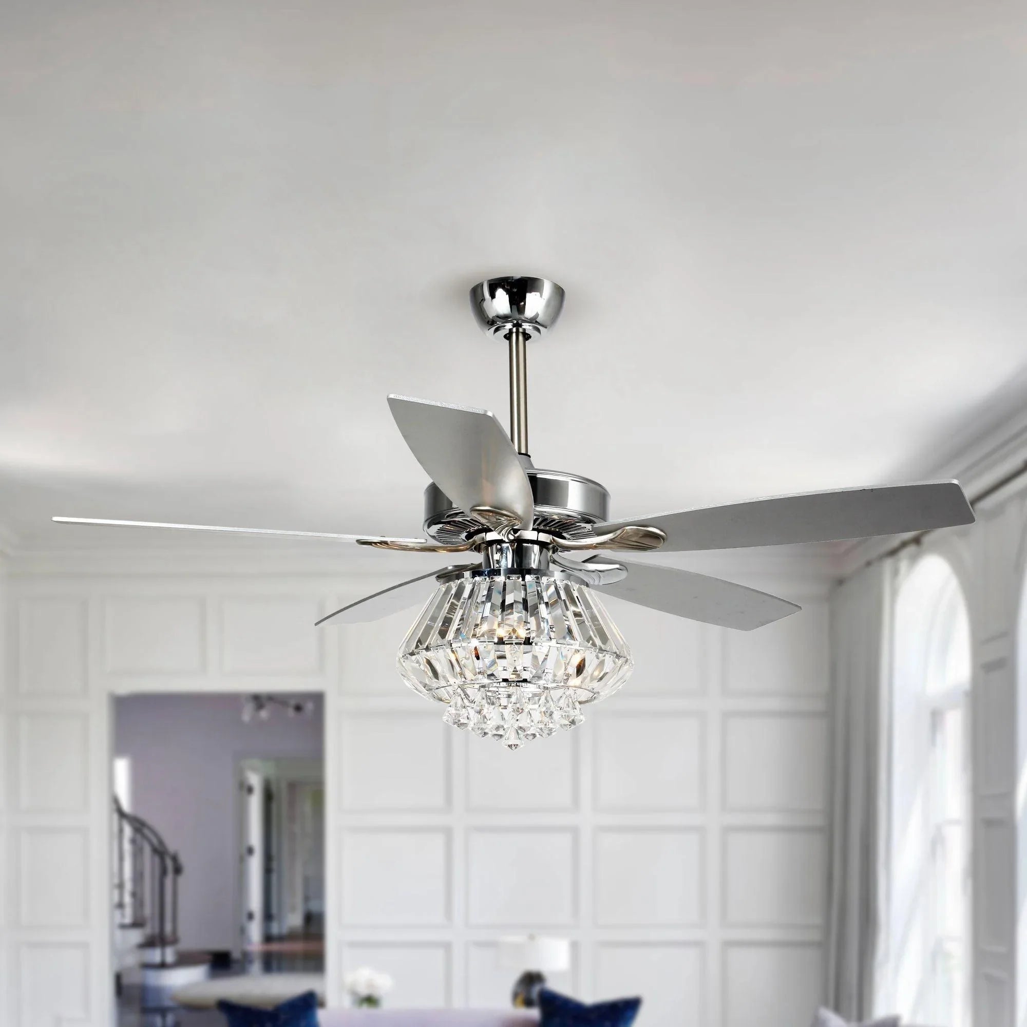 Chrome ceiling fan with crystal light and reversible four wide blades