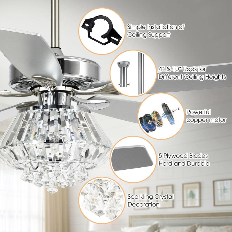 Parrot Uncle 52-Inch Kerala Modern Downrod Mount Reversible Crystal Ceiling Fan with Lighting and Remote Control