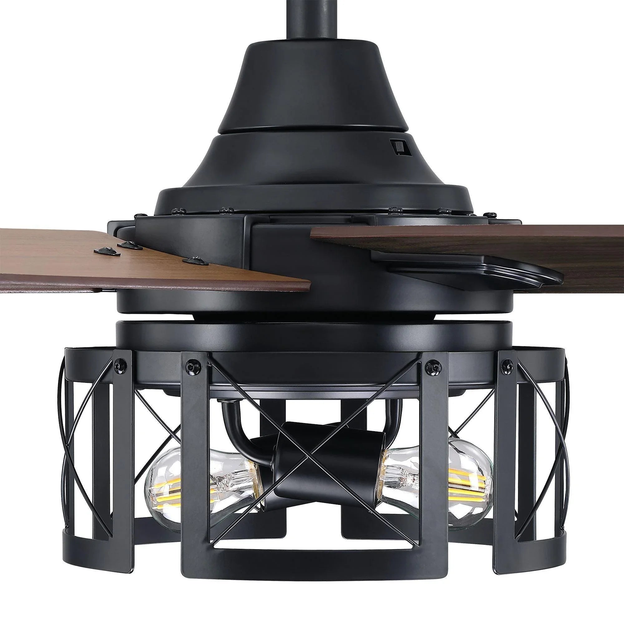 Black ceiling fan with dark wood blades and lantern lamp cage, side view