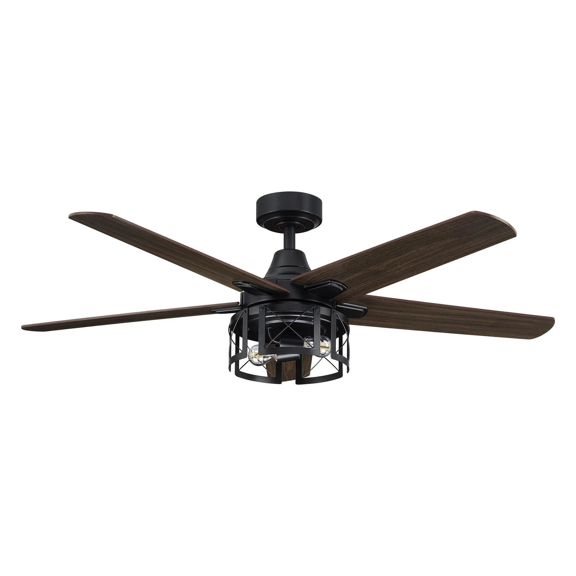 Black ceiling fan with dark wood blades and lantern light fixture centerpiece