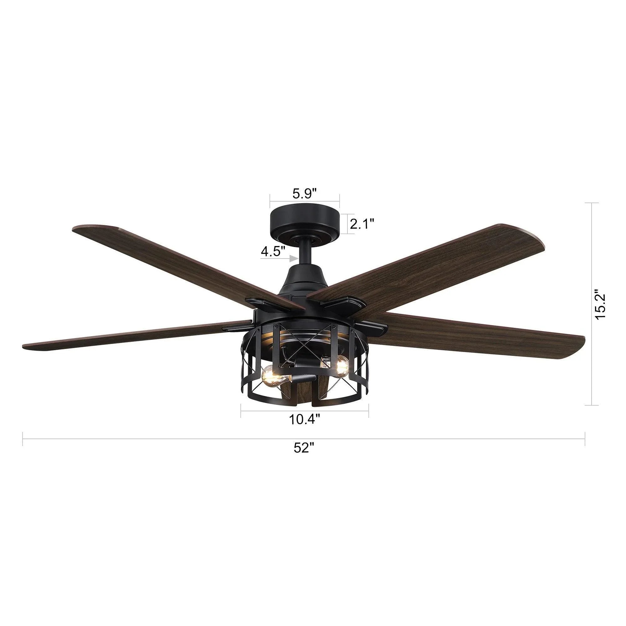 52-inch black ceiling fan with reversible dark wood blades and integrated light, side view