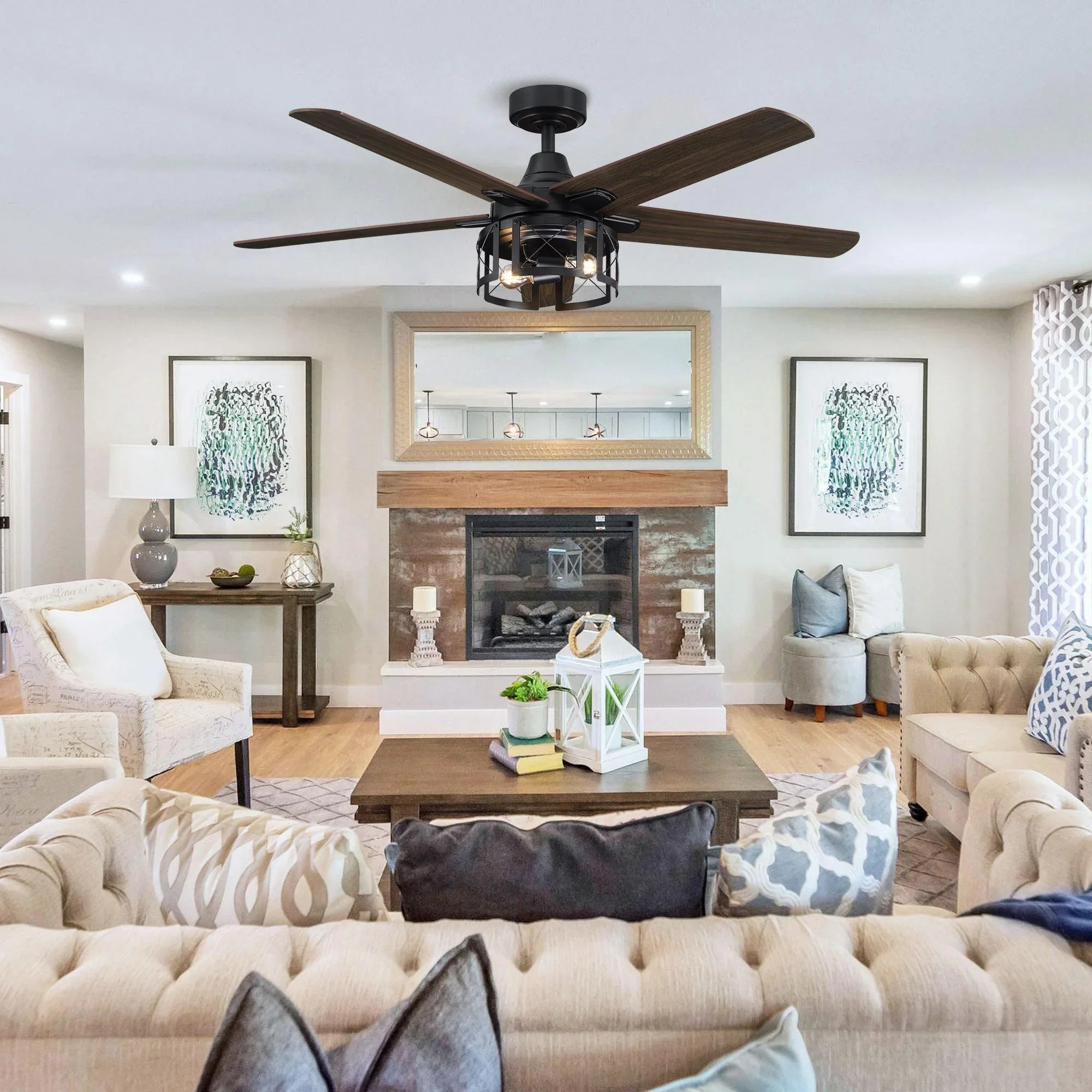 Ceiling fan with dark wood blades and black lantern light, styled for living room