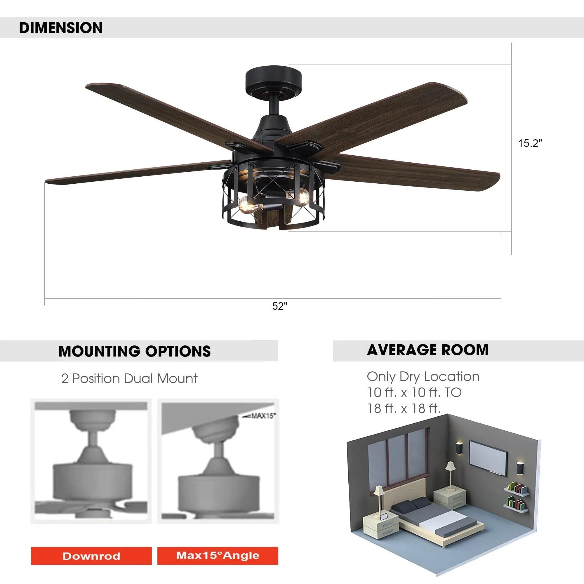 52-inch black ceiling fan with reversible dark wood blades and integrated light