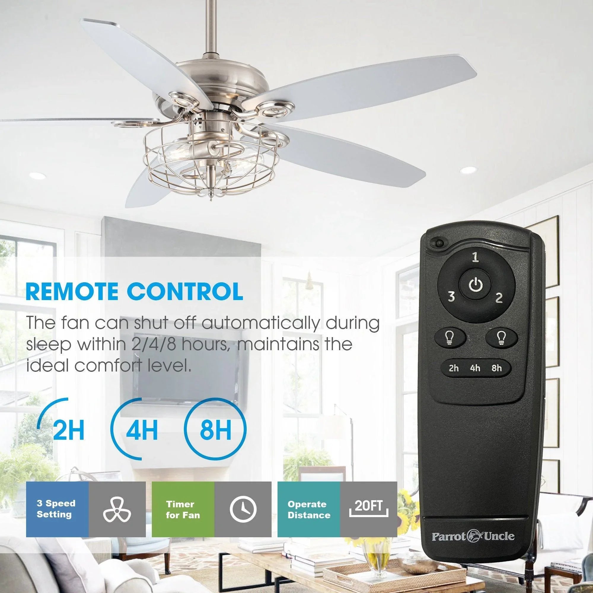 Brushed nickel caged ceiling fan with light, five pale blades, and remote control.