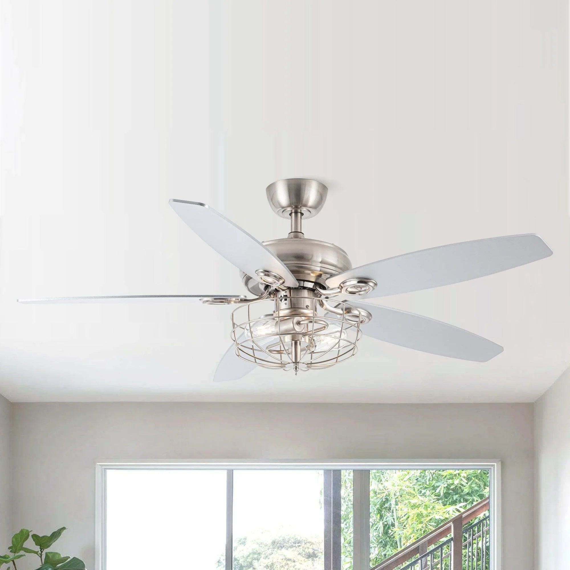 52-inch brushed nickel caged ceiling fan with light kit and reversible style.