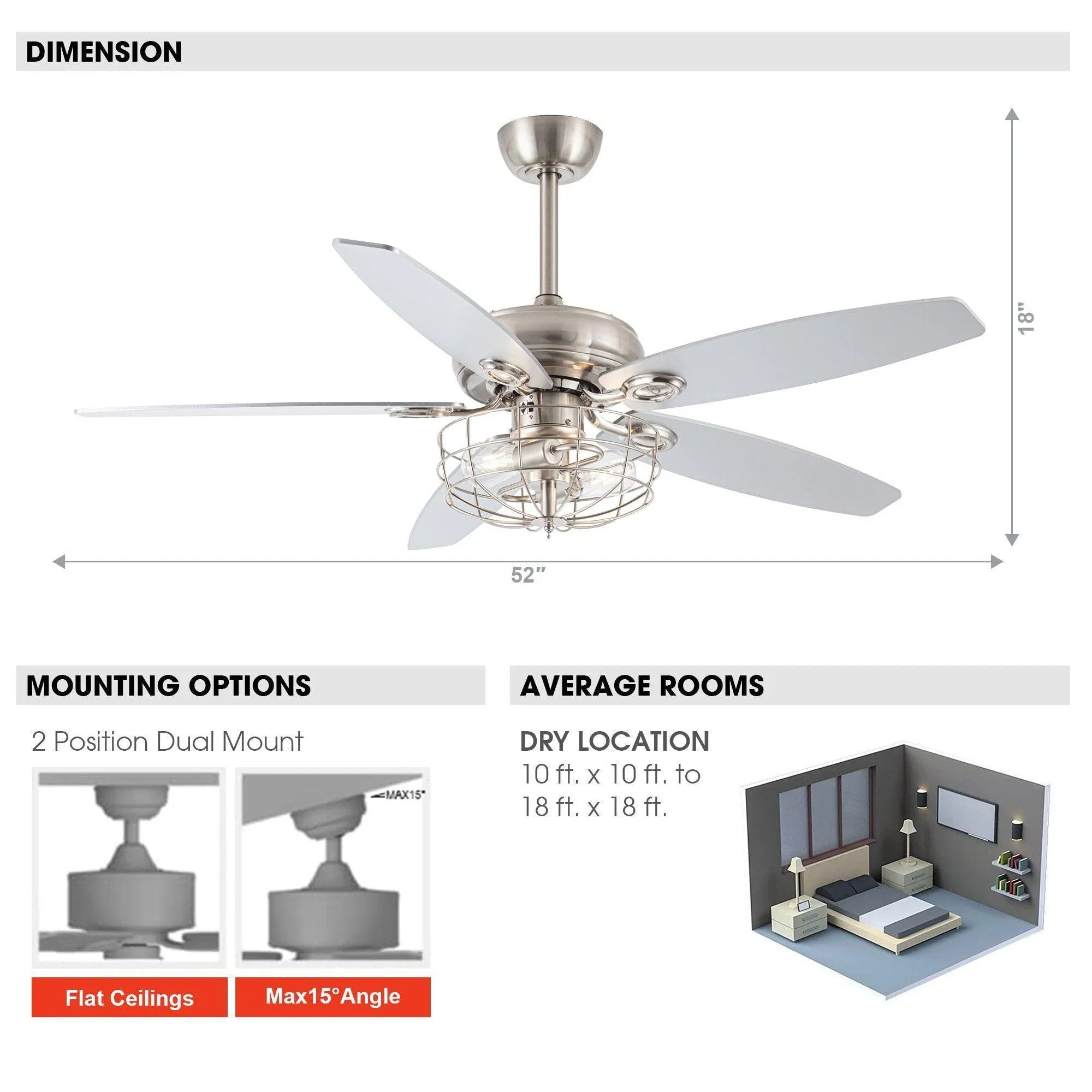 Brushed nickel caged ceiling fan with reversible blades and integrated light kit, 52-inch