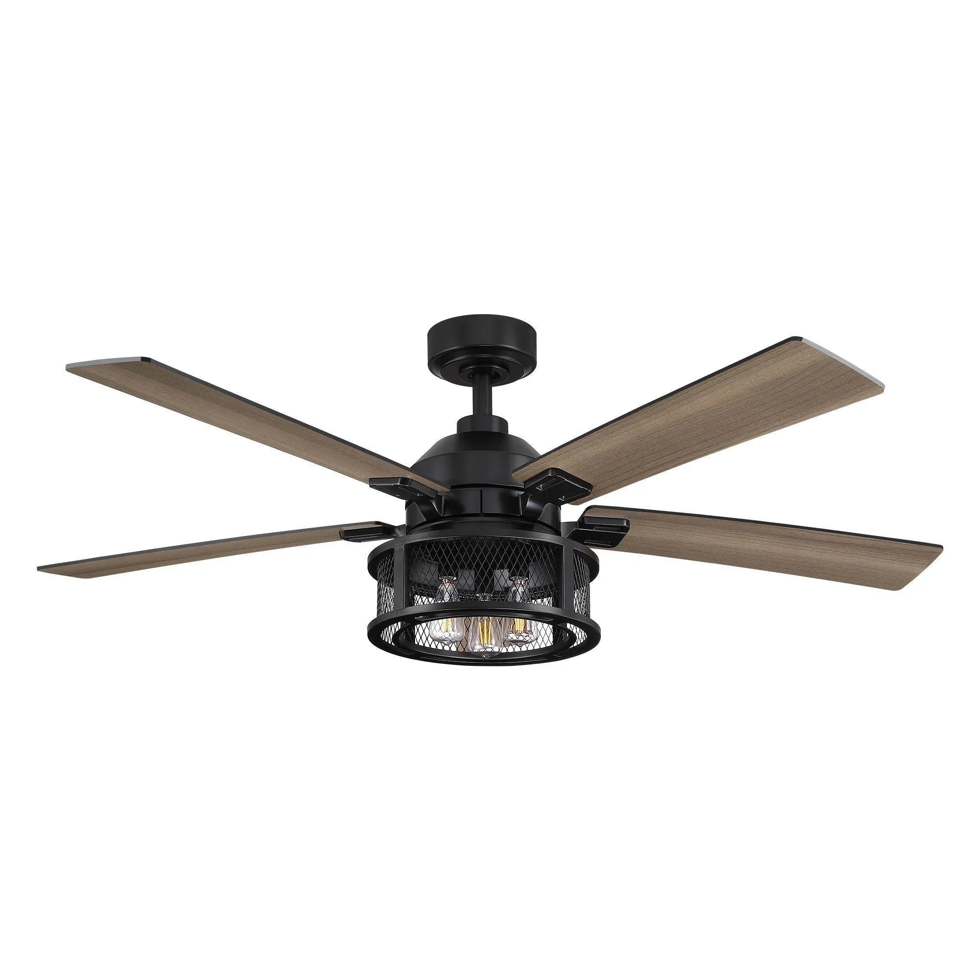 Black reversible ceiling fan with five blades and integrated light fixture, remote-ready