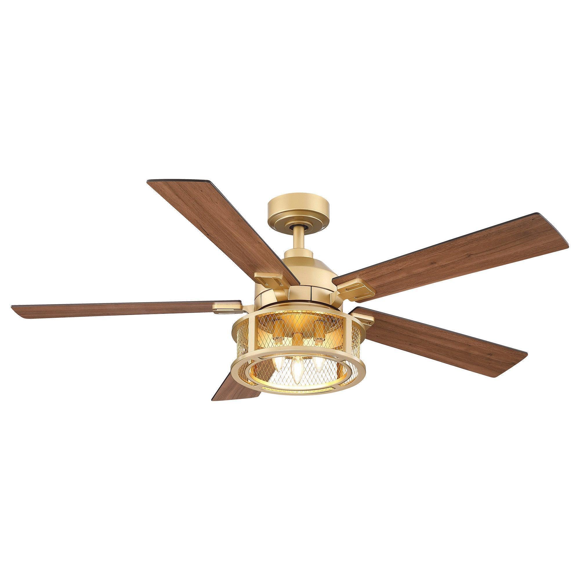 Ceiling fan with five brown blades, gold housing, and visible light glass