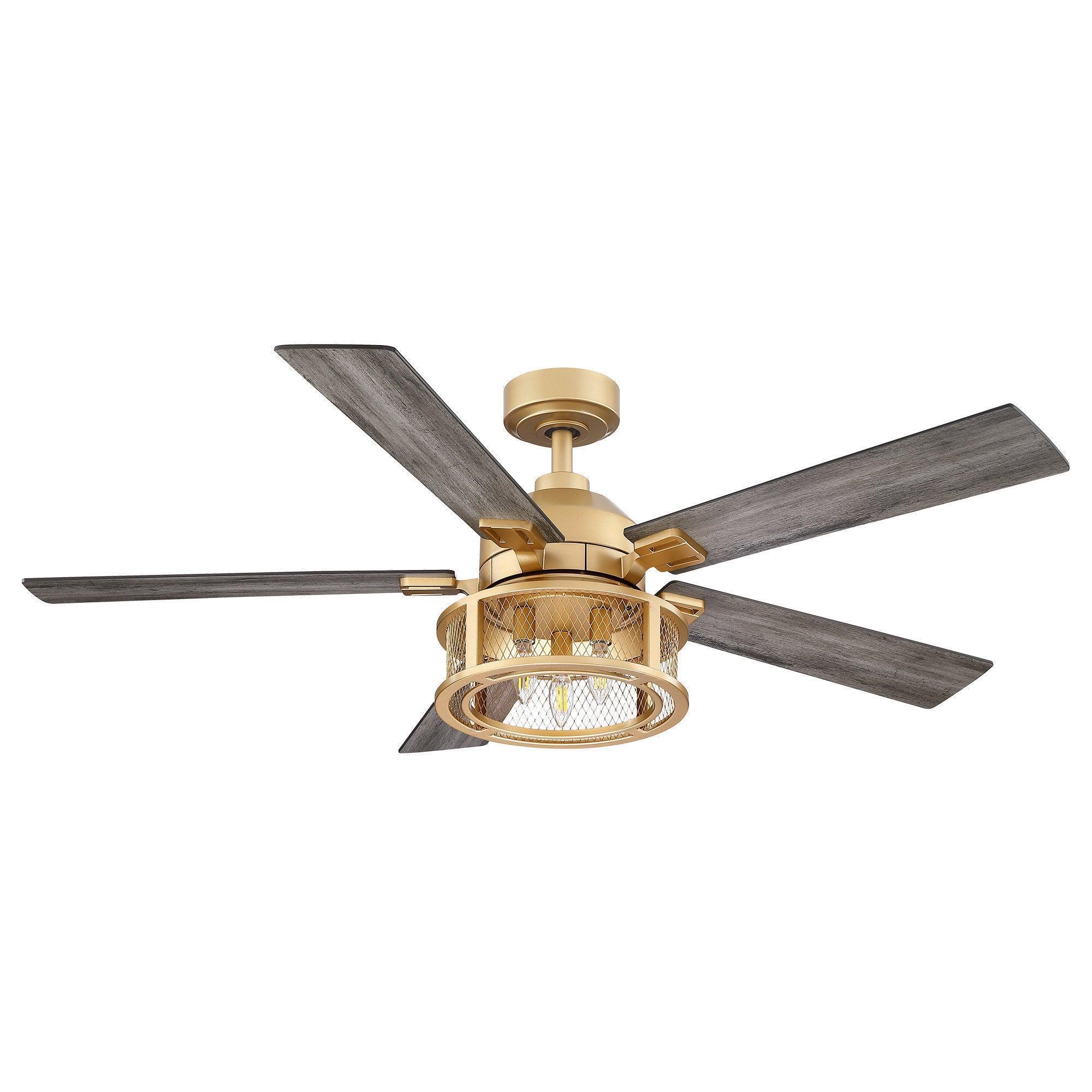 Gray-and-gold ceiling fan with integrated light and five wooden blades