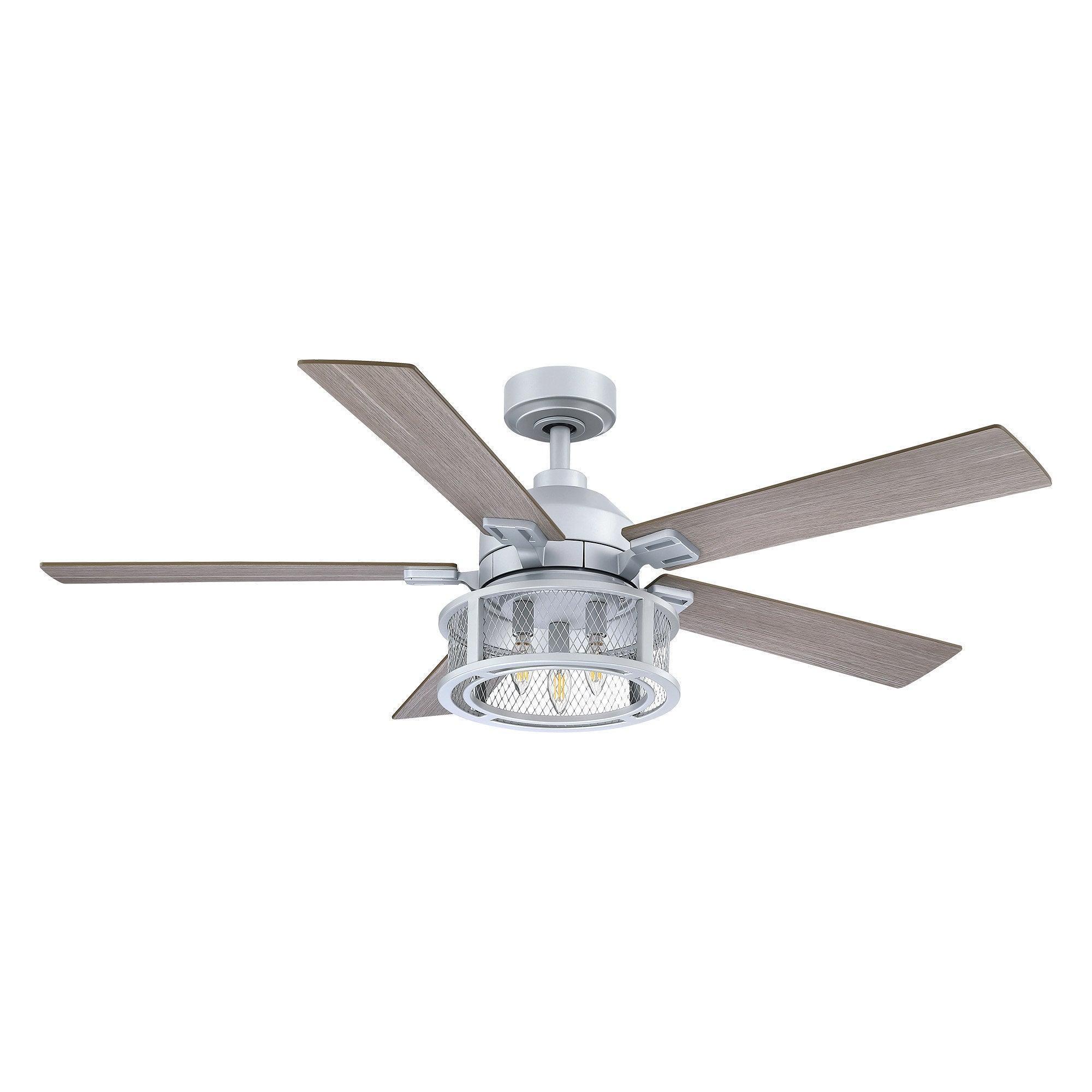Silver ceiling fan with five blades and round light fixture with visible LED