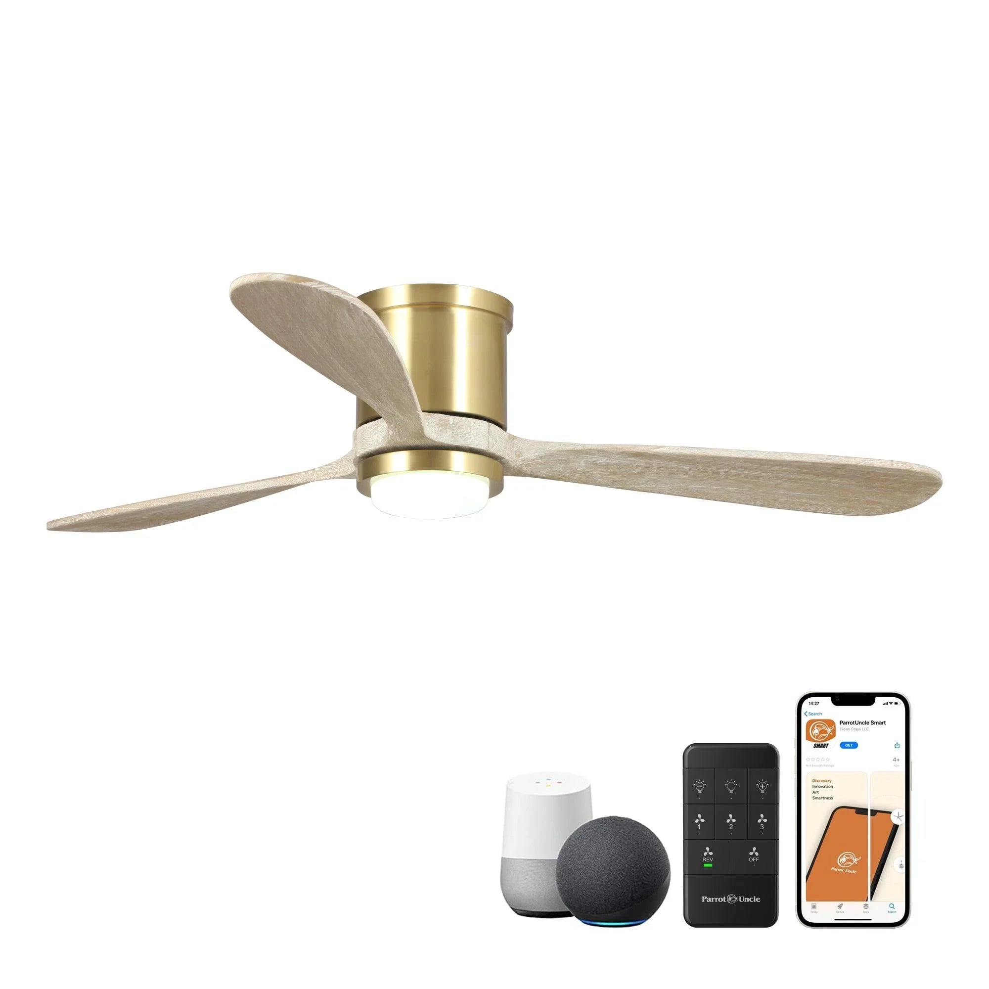 Golden smart ceiling fan with LED light, three wood-style blades, and remote icons