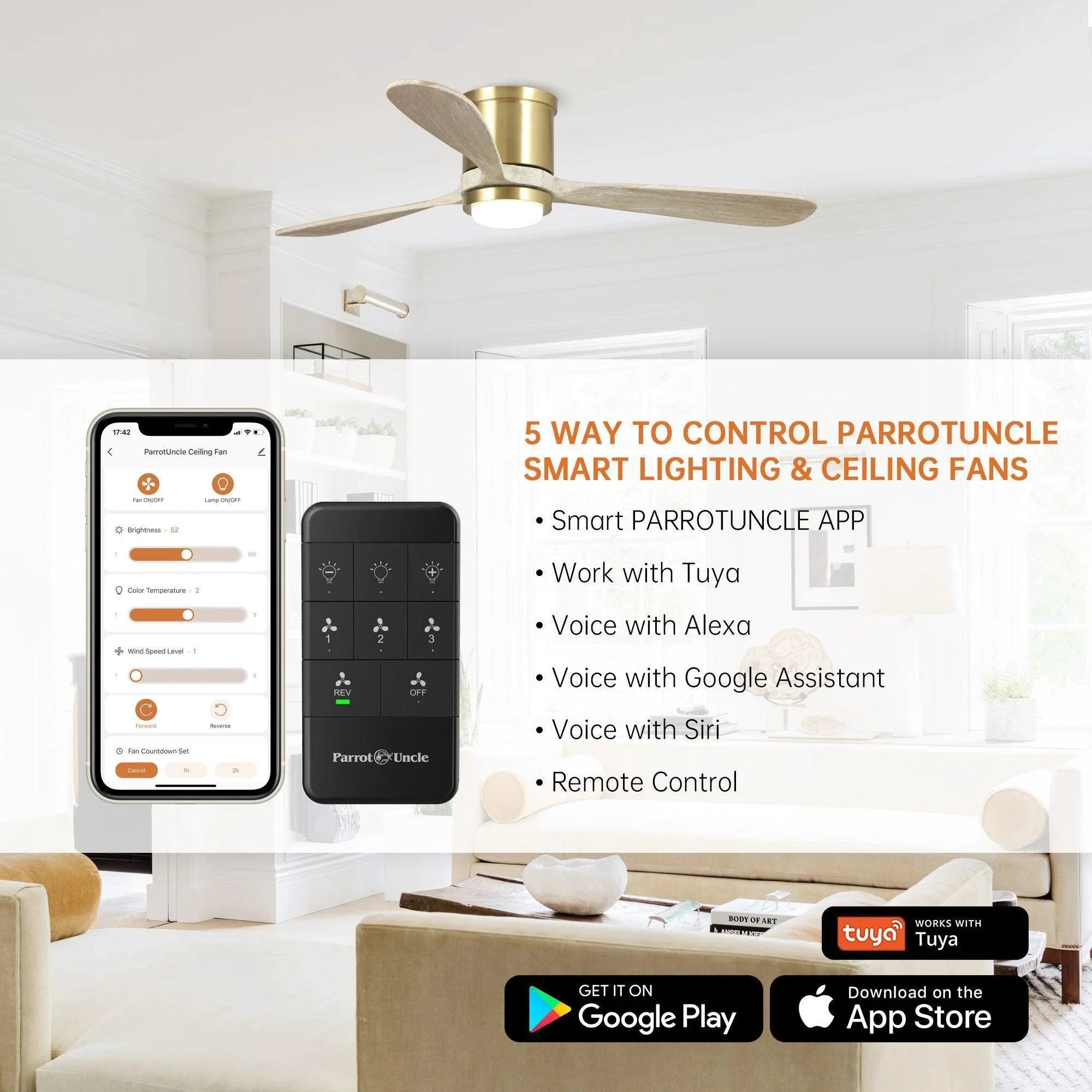 Golden smart ceiling fan with LED light and three wood-style blades