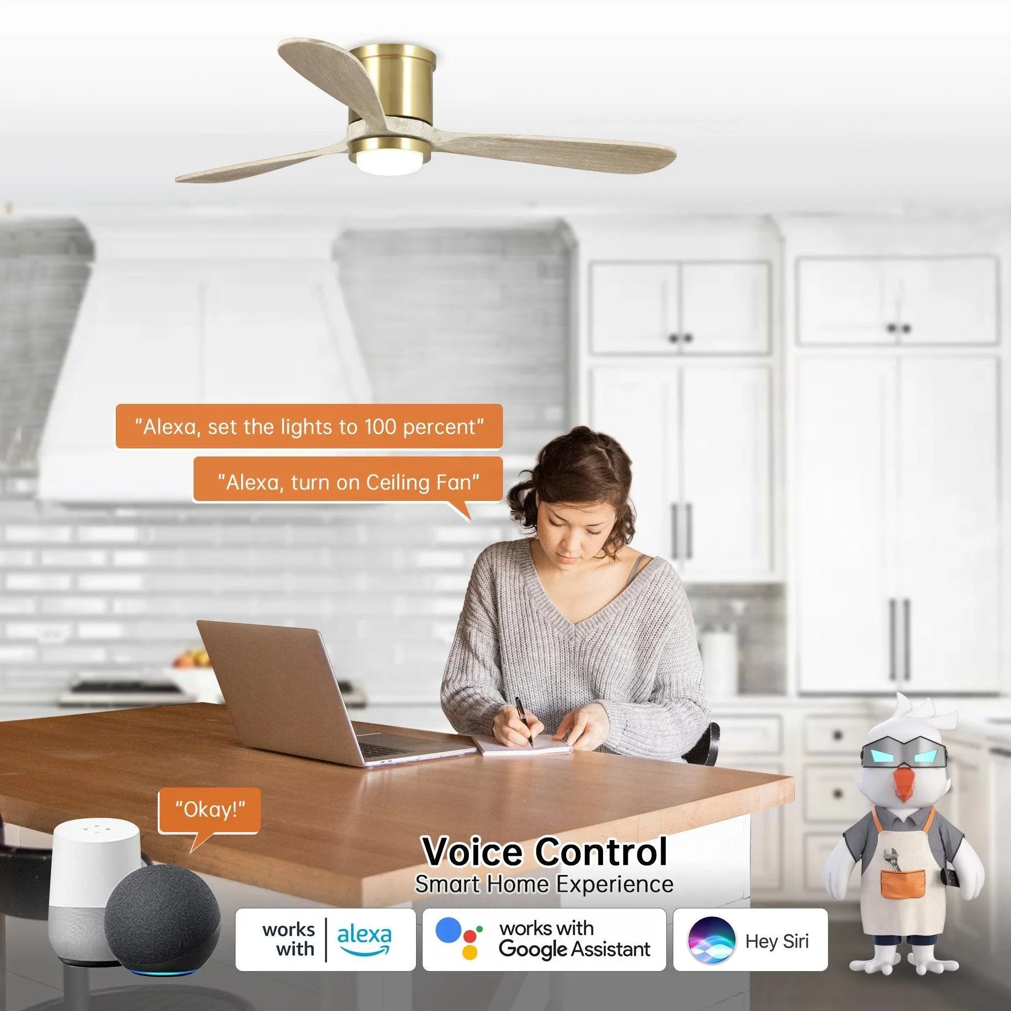 Golden ceiling fan with LED light and smart home voice-control devices nearby