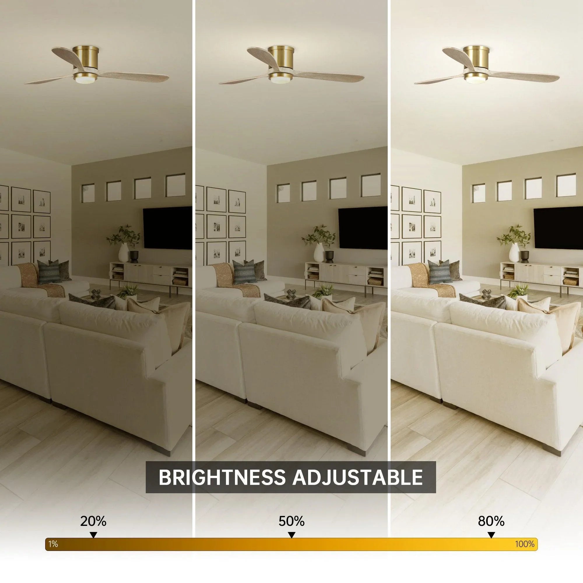 Ceiling fan with adjustable brightness display bar beneath