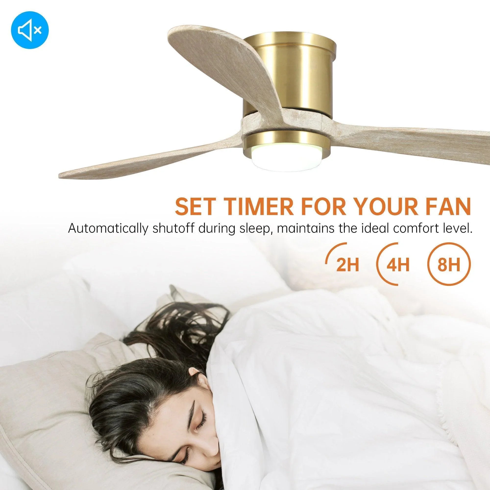 Golden ceiling fan with LED light and timer options 2h, 4h, and 8h