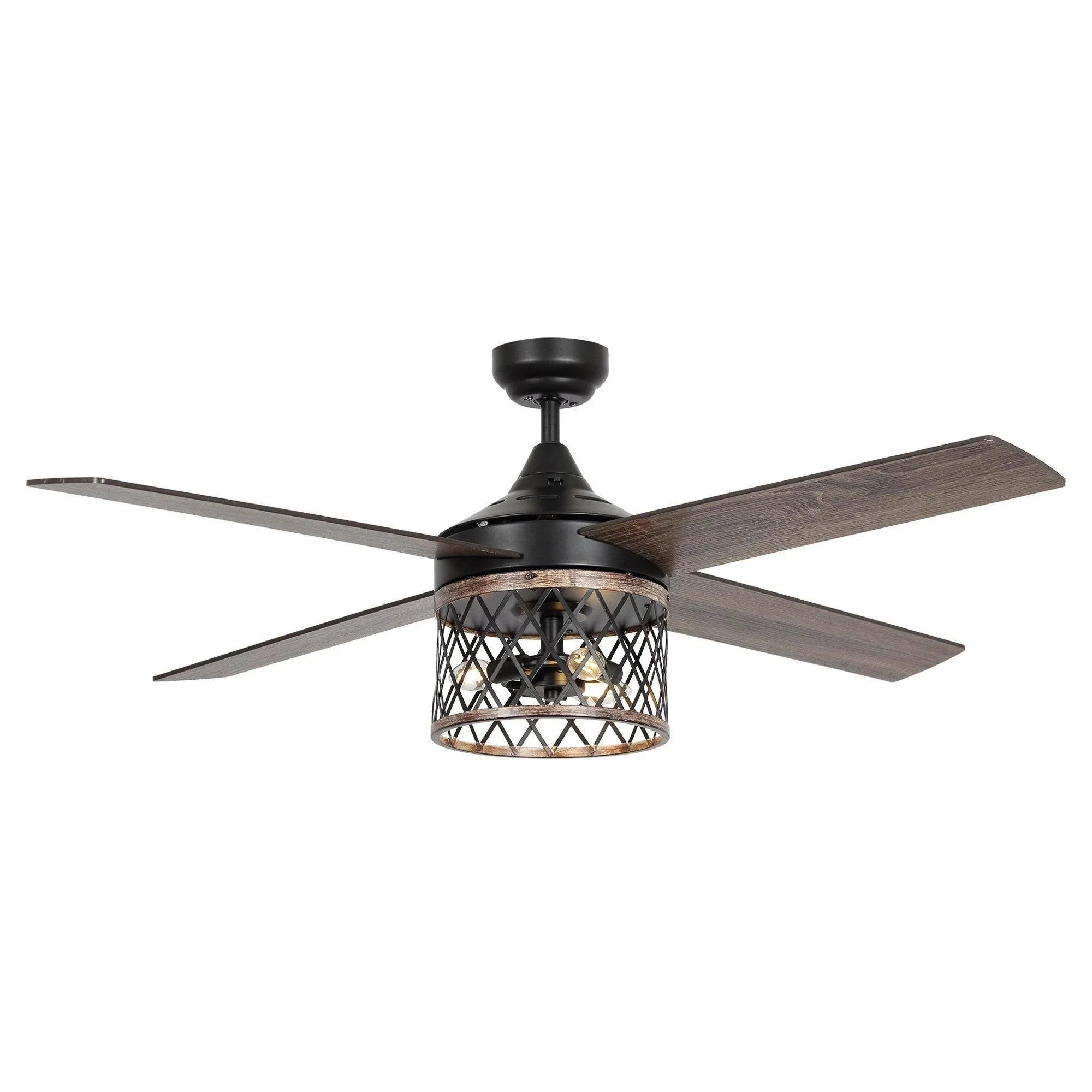 Black ceiling fan with caged light and four dark wood blades.