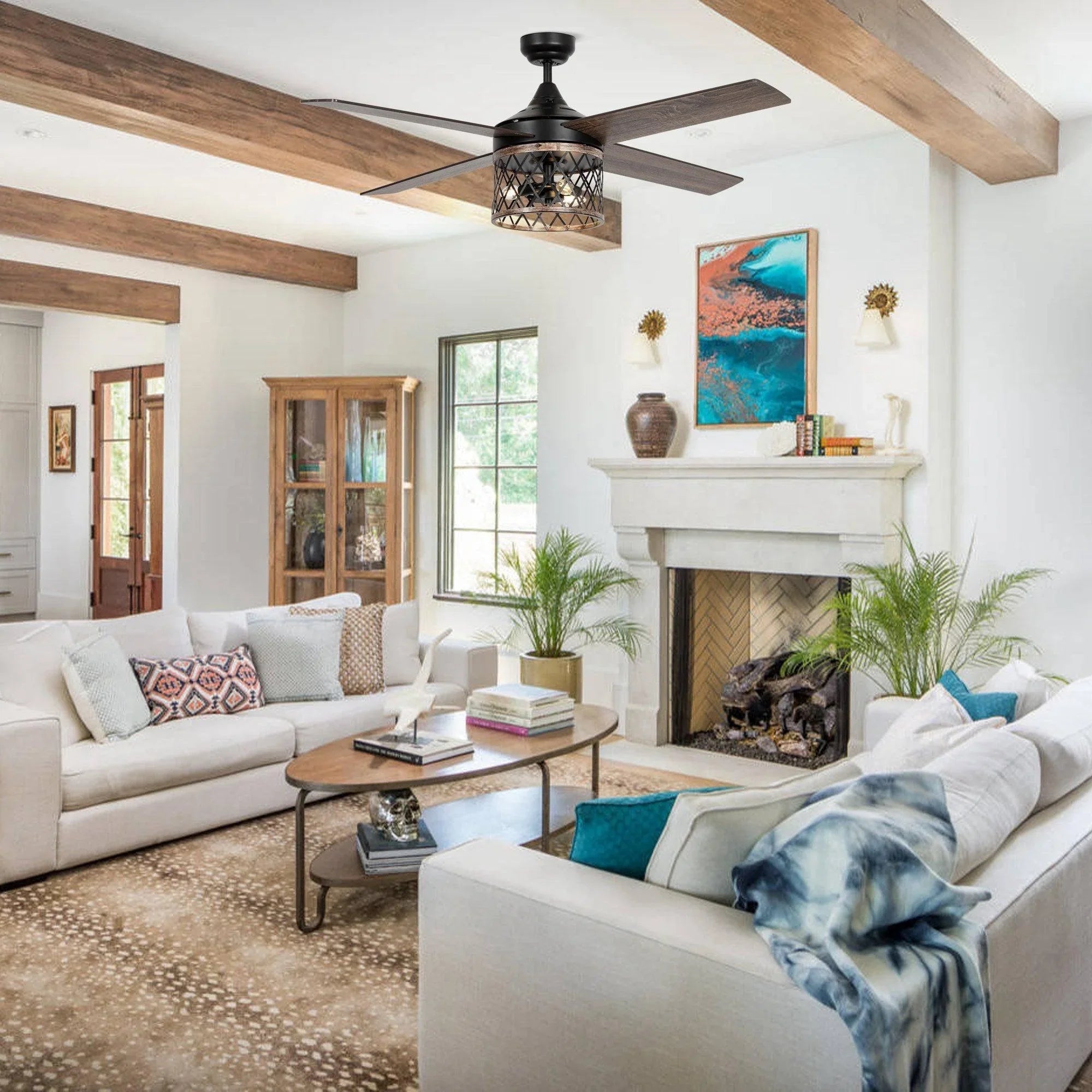 Black farmhouse-style ceiling fan with light, installed in living room.