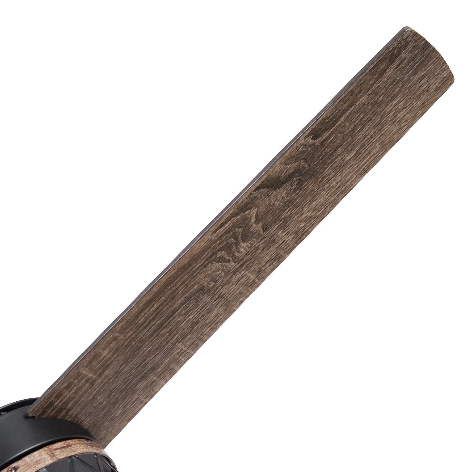 Ceiling fan blade in dark wood finish, side view.
