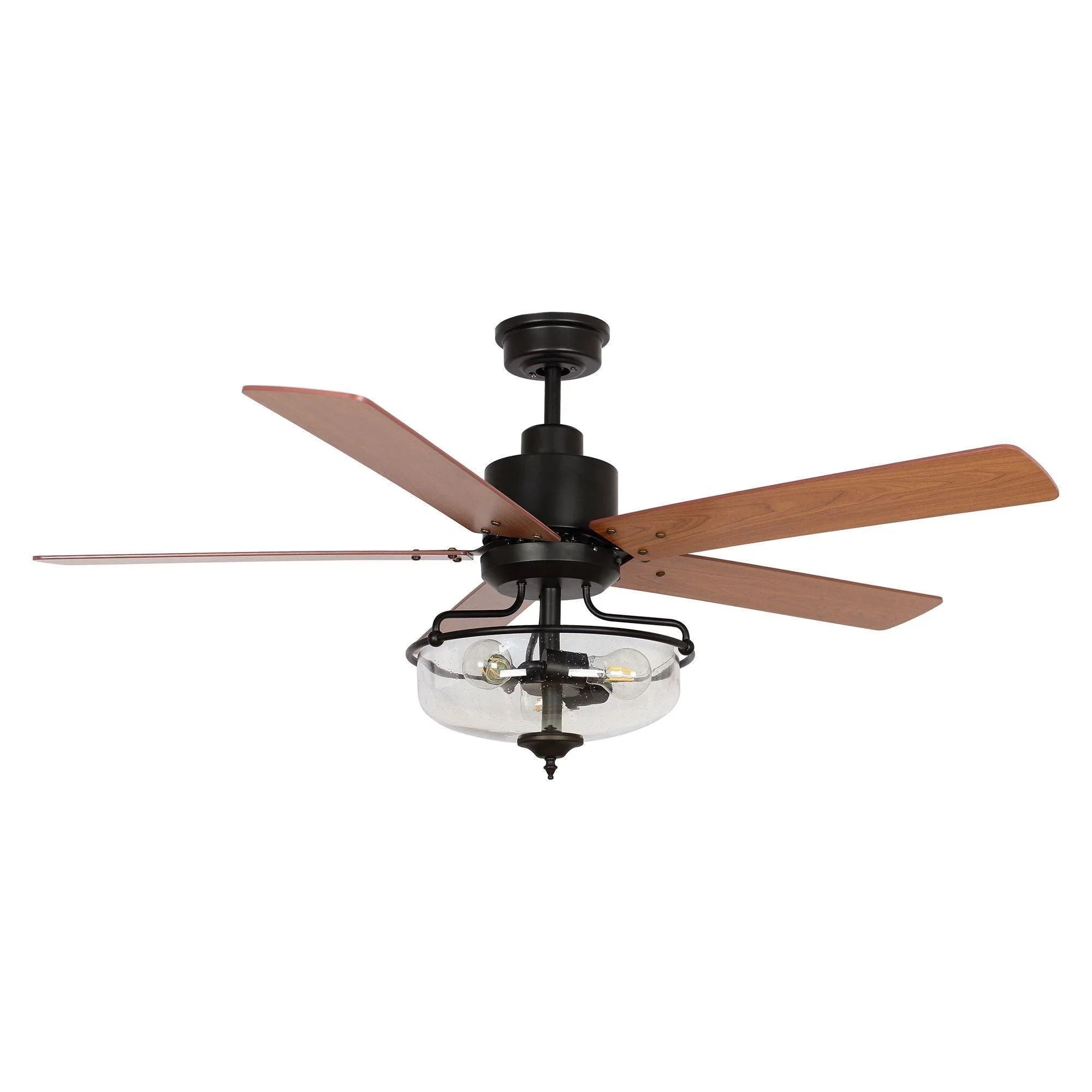 Black ceiling fan with reversible wood blades and integrated globe light kit