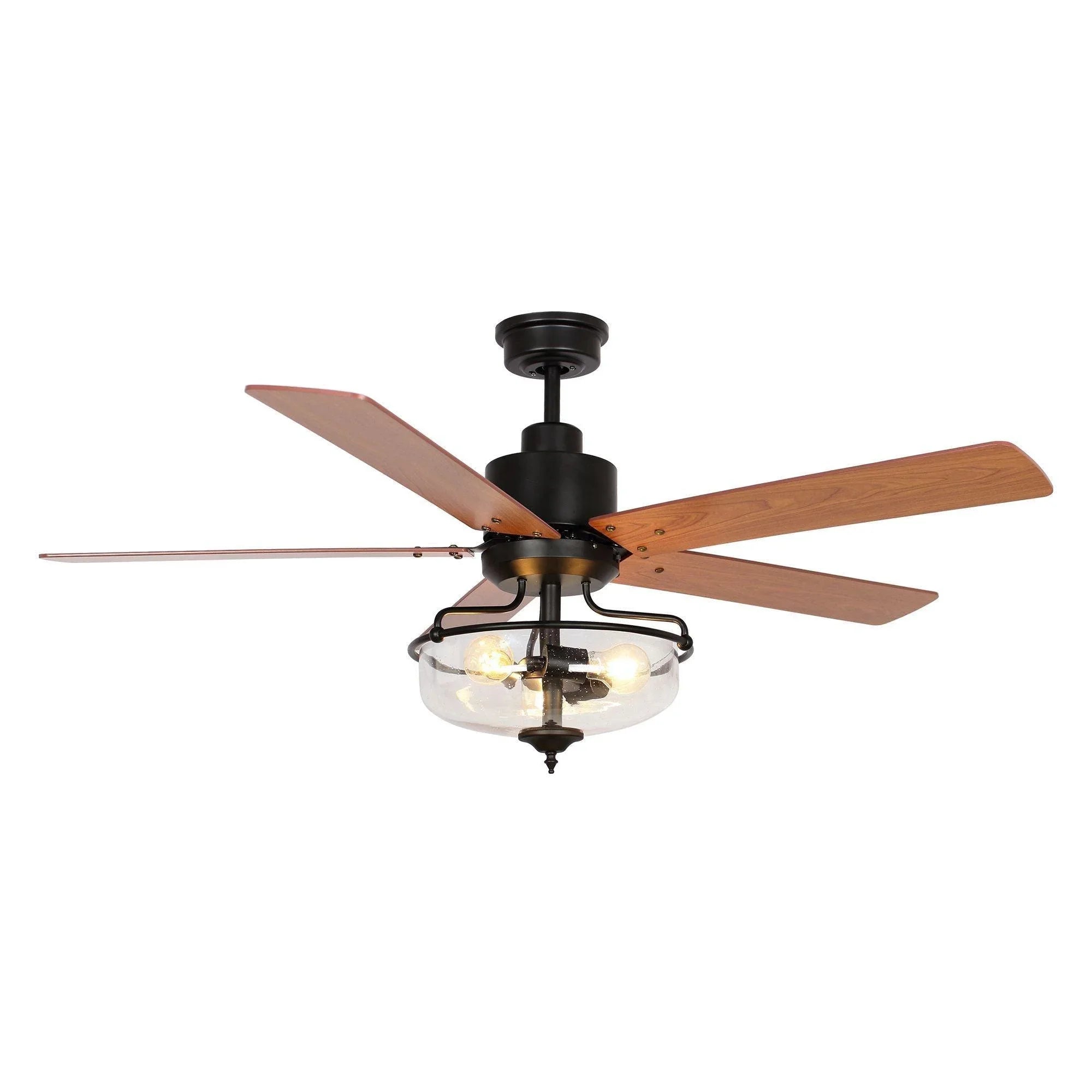 Black industrial ceiling fan with reversible wood blades and lit glass globe light