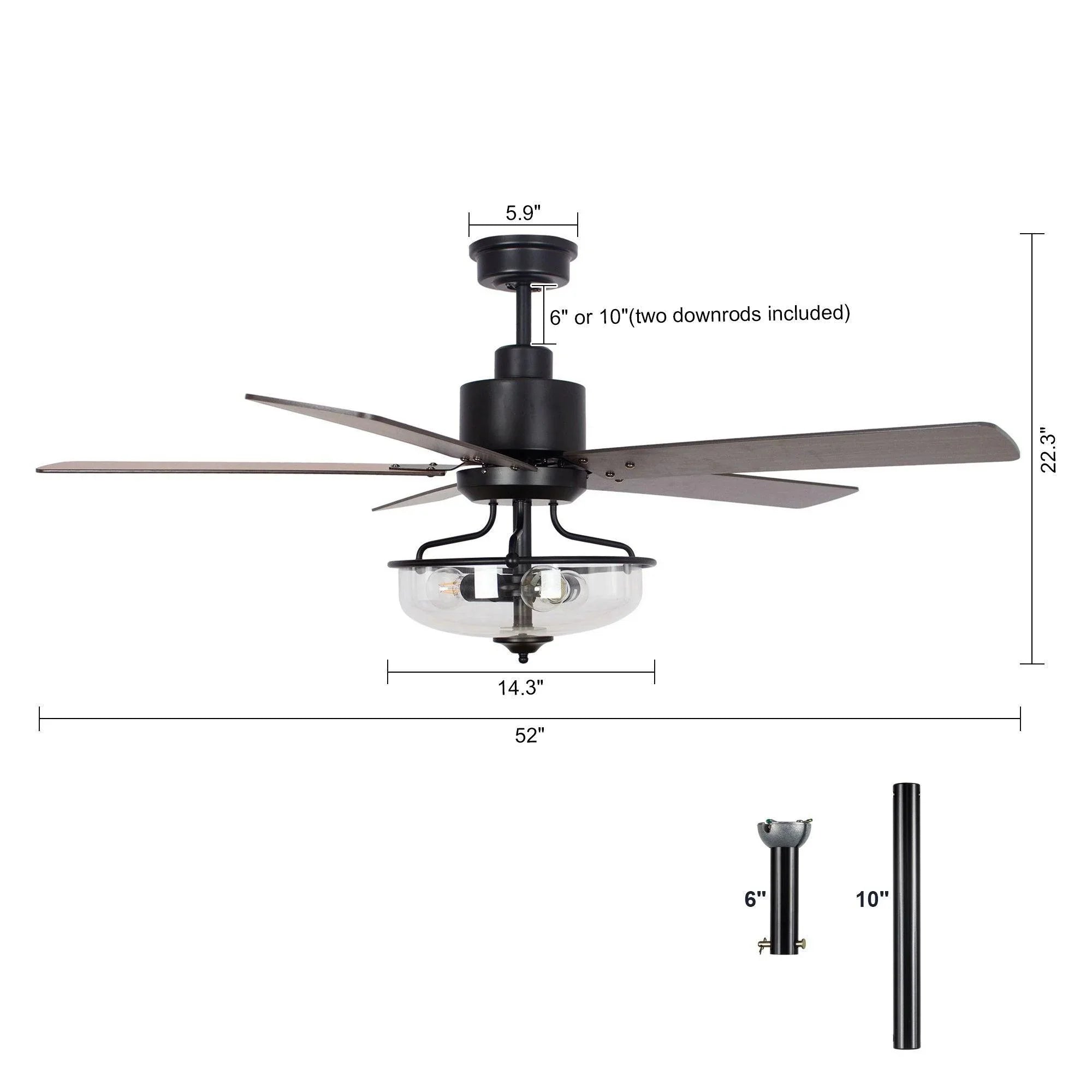 52-inch reversible ceiling fan with black motor and glass globe light kit