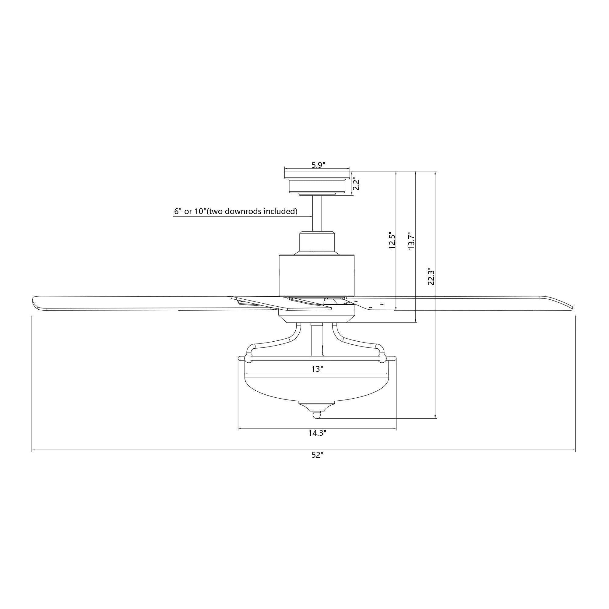 Ceiling fan side profile with downrod and frosted glass light housing