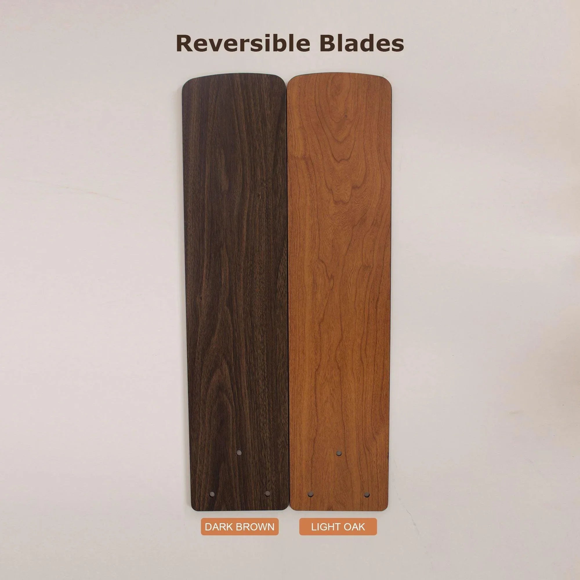 Reversible fan blades showing dark brown and light oak sides