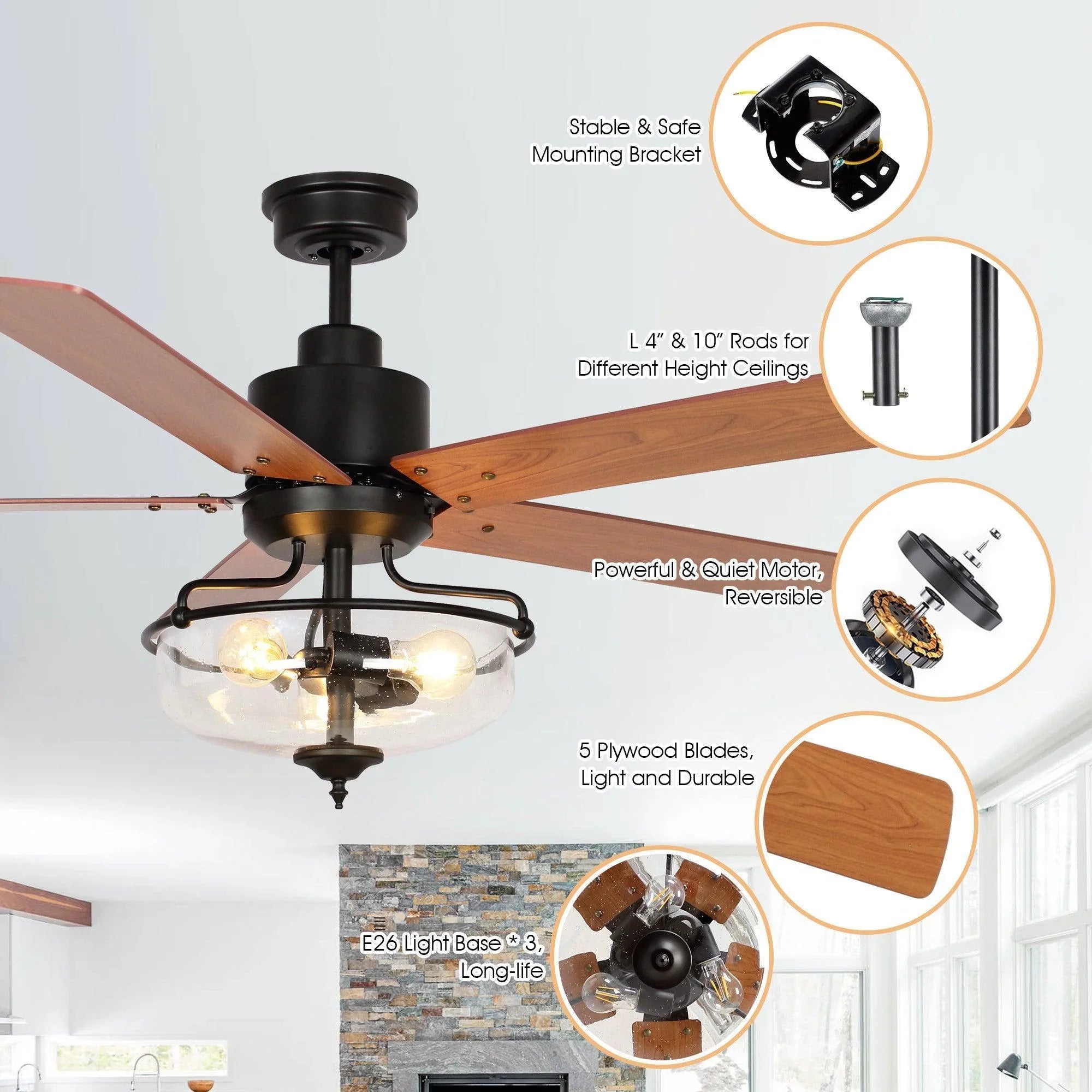 Black ceiling fan with reversible blades and globe light, shown with mounting feature icons