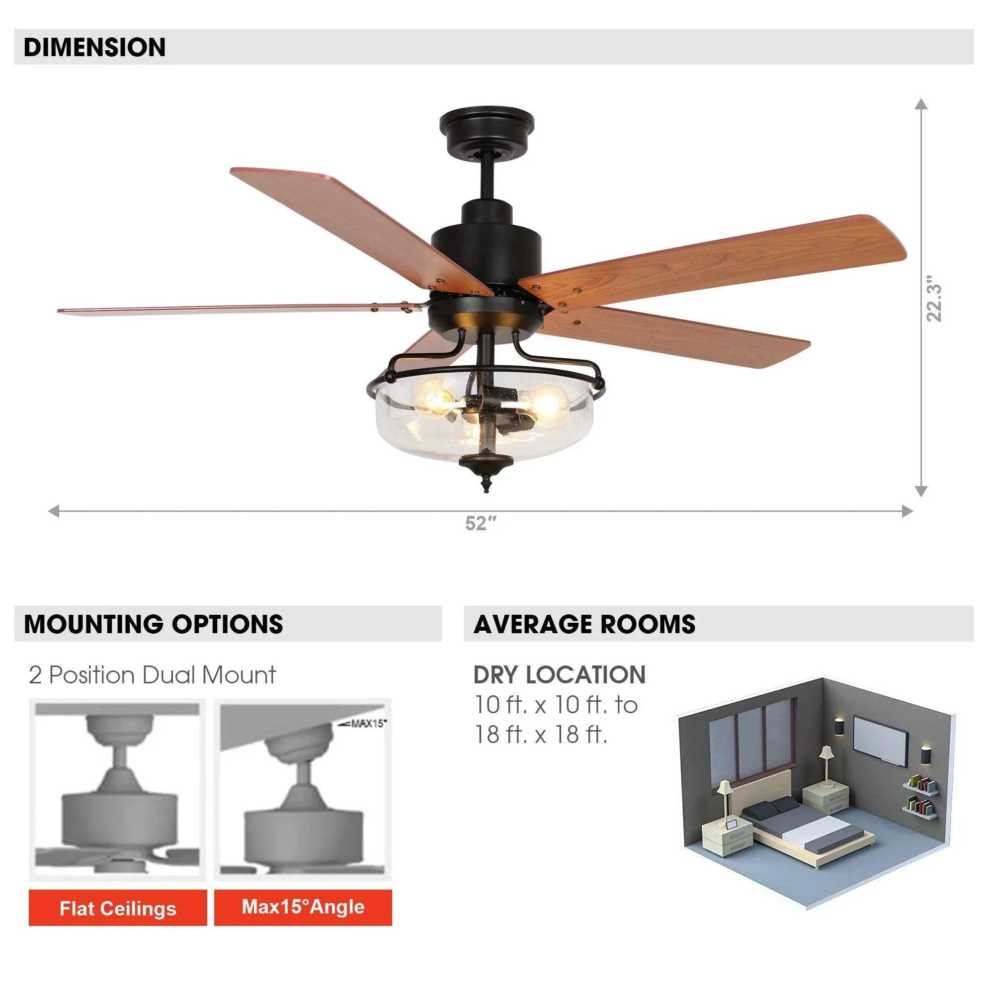 Ceiling fan dimension diagram with black motor, downrod, and reversible wood blades