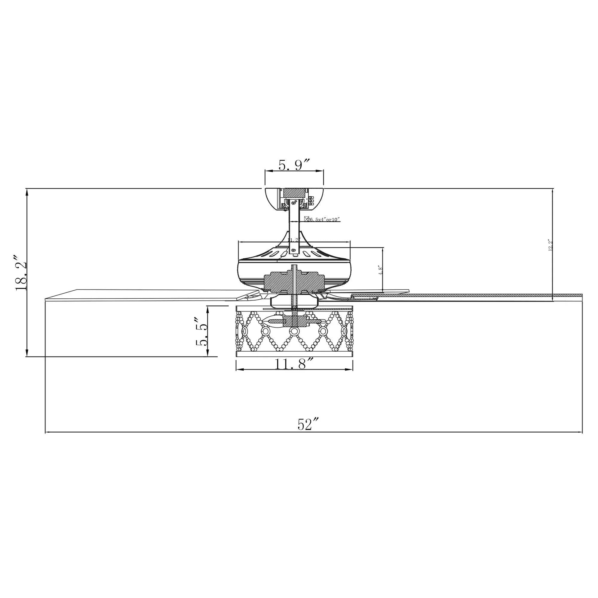 Ceiling fan installation and dimension diagram with downrod and lighting assembly