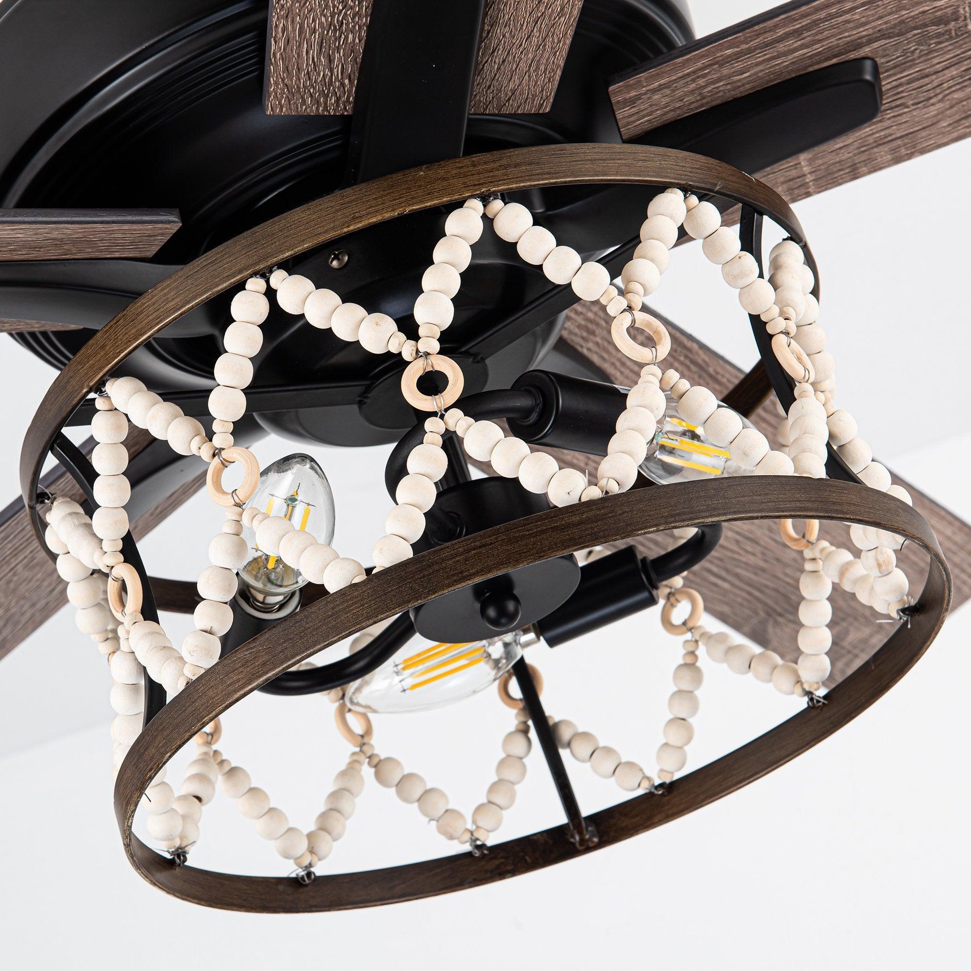 Ceiling fan light assembly with frosted bulbs, black frame, and white bead chains