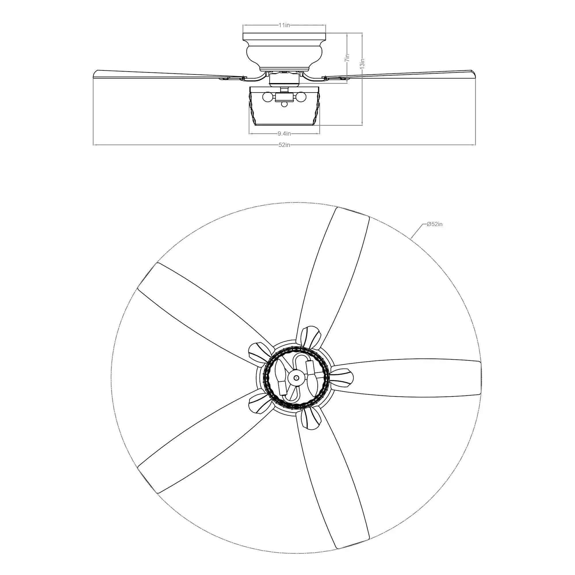 Flush-mount ceiling fan diagram with five-blade layout and central motor housing