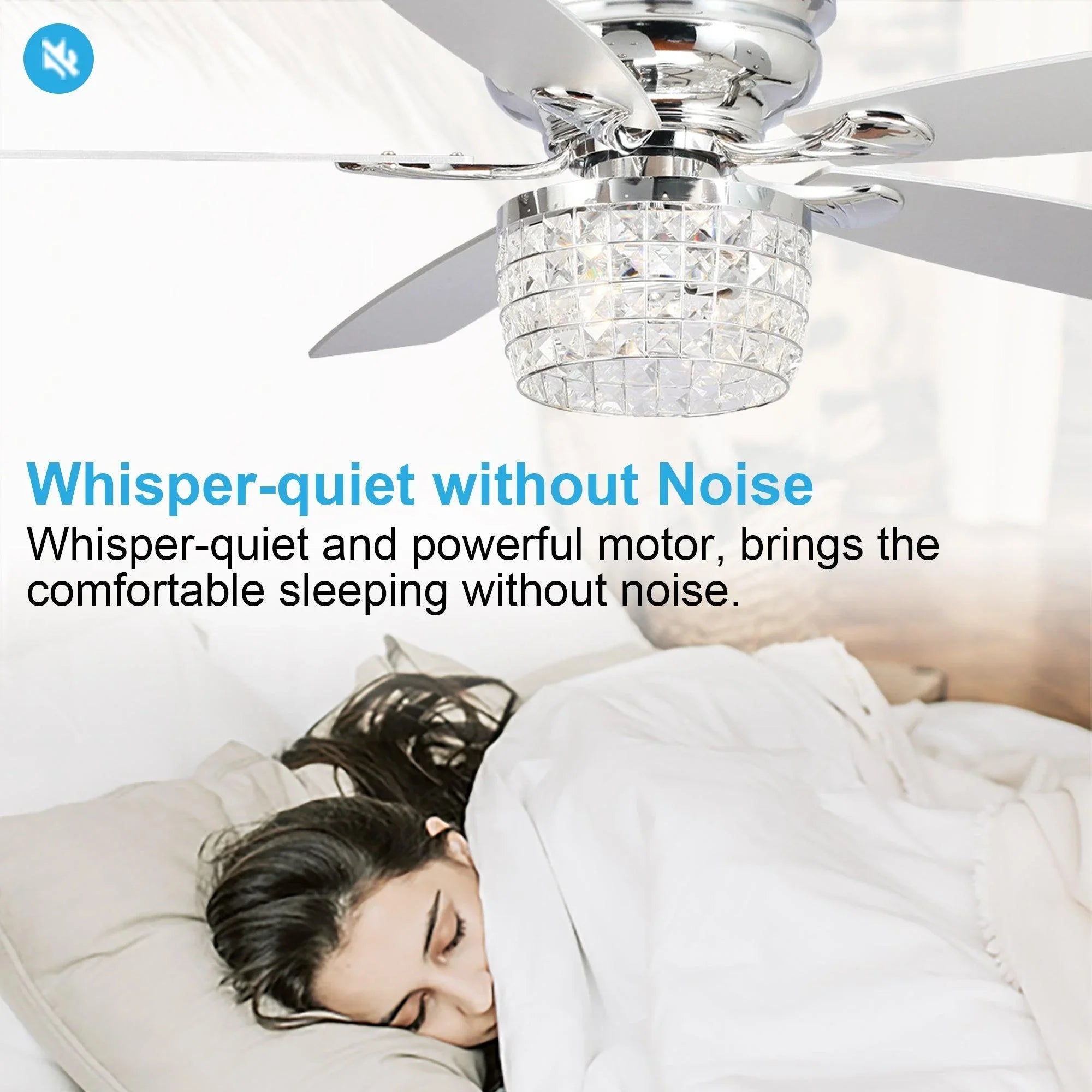 Chrome flush-mount ceiling fan with crystal light shade and five blades