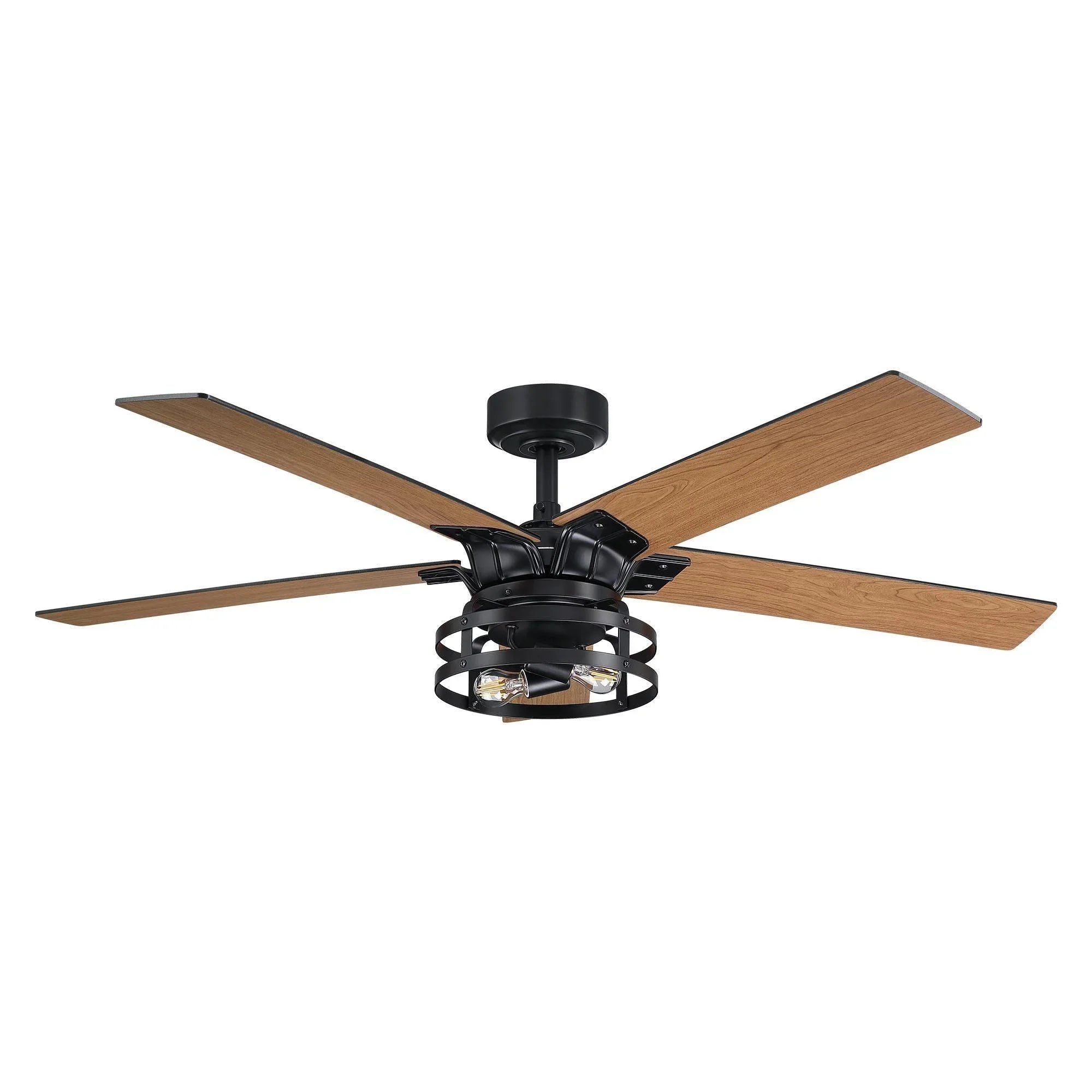 Black ceiling fan with four wood blades and a caged light fixture