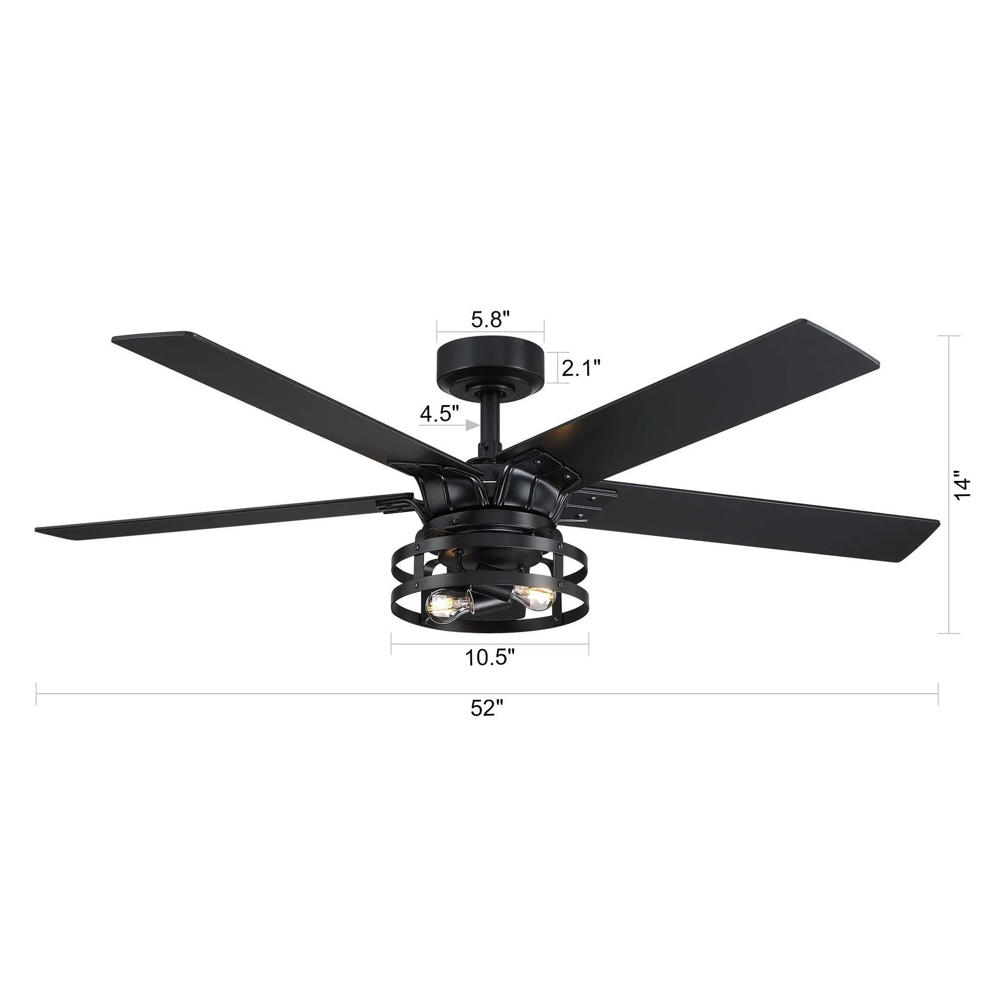 Black ceiling fan with integrated light, five reversible blades, 52 in